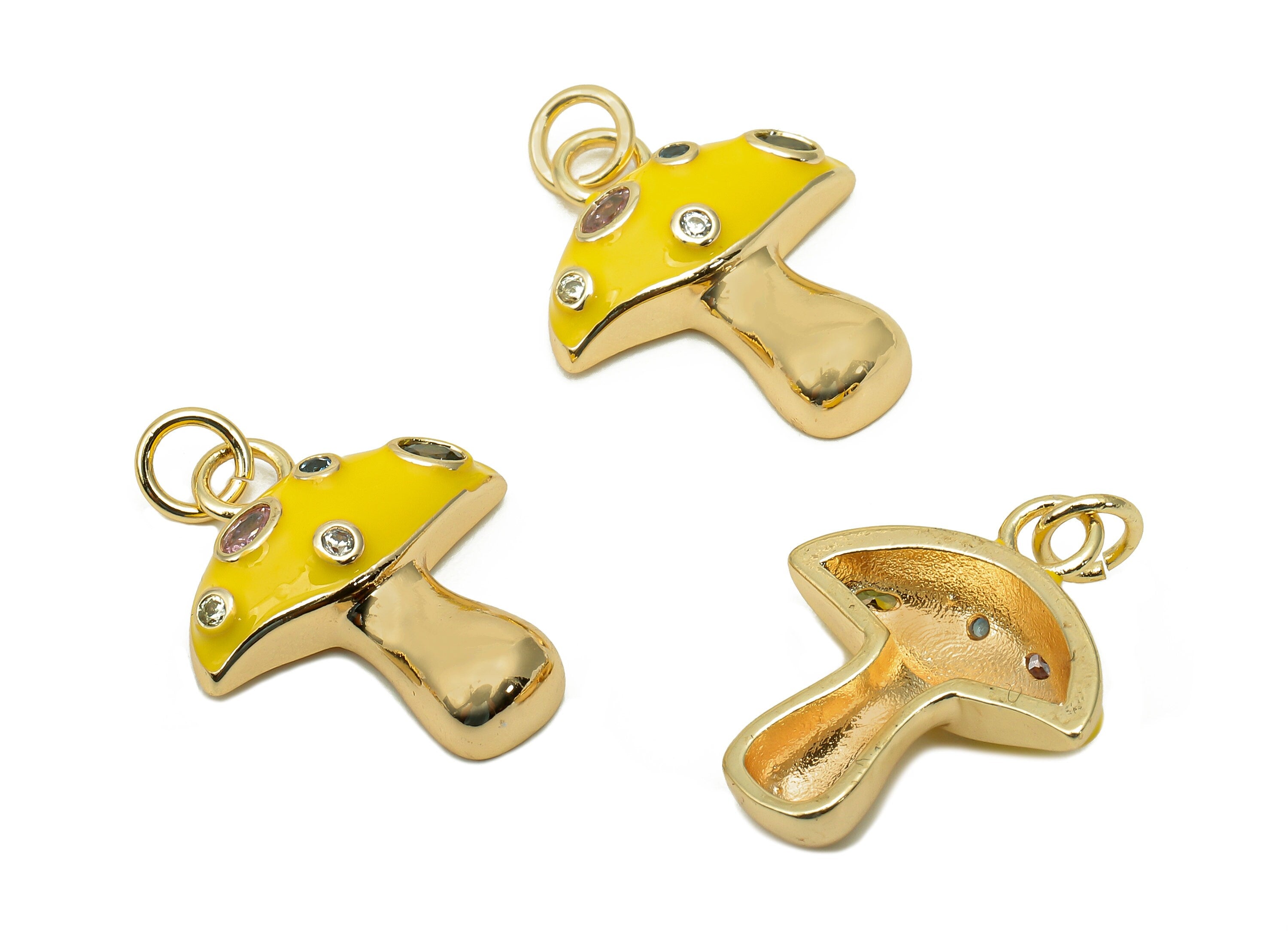 Brass Enamel Mushroom Pendant - Zircon Yellow Fungus Earring Charm - Necklace Charm With Loop - 18K Real Gold Plating-23x16.9x1.5mm-RGP5662C - DOMEDBAZAAR