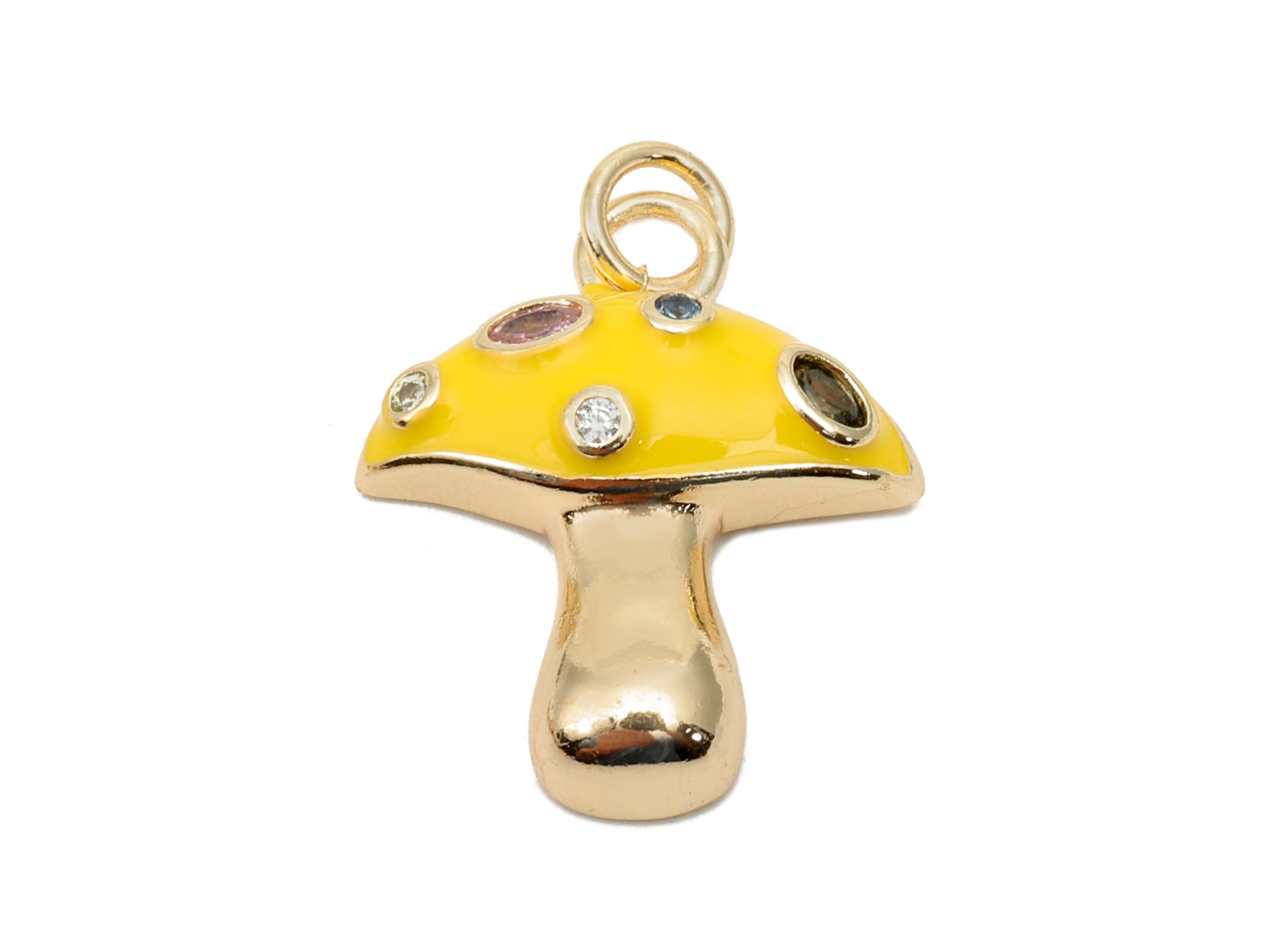 Brass Enamel Mushroom Pendant - Zircon Yellow Fungus Earring Charm - Necklace Charm With Loop - 18K Real Gold Plating-23x16.9x1.5mm-RGP5662C - DOMEDBAZAAR