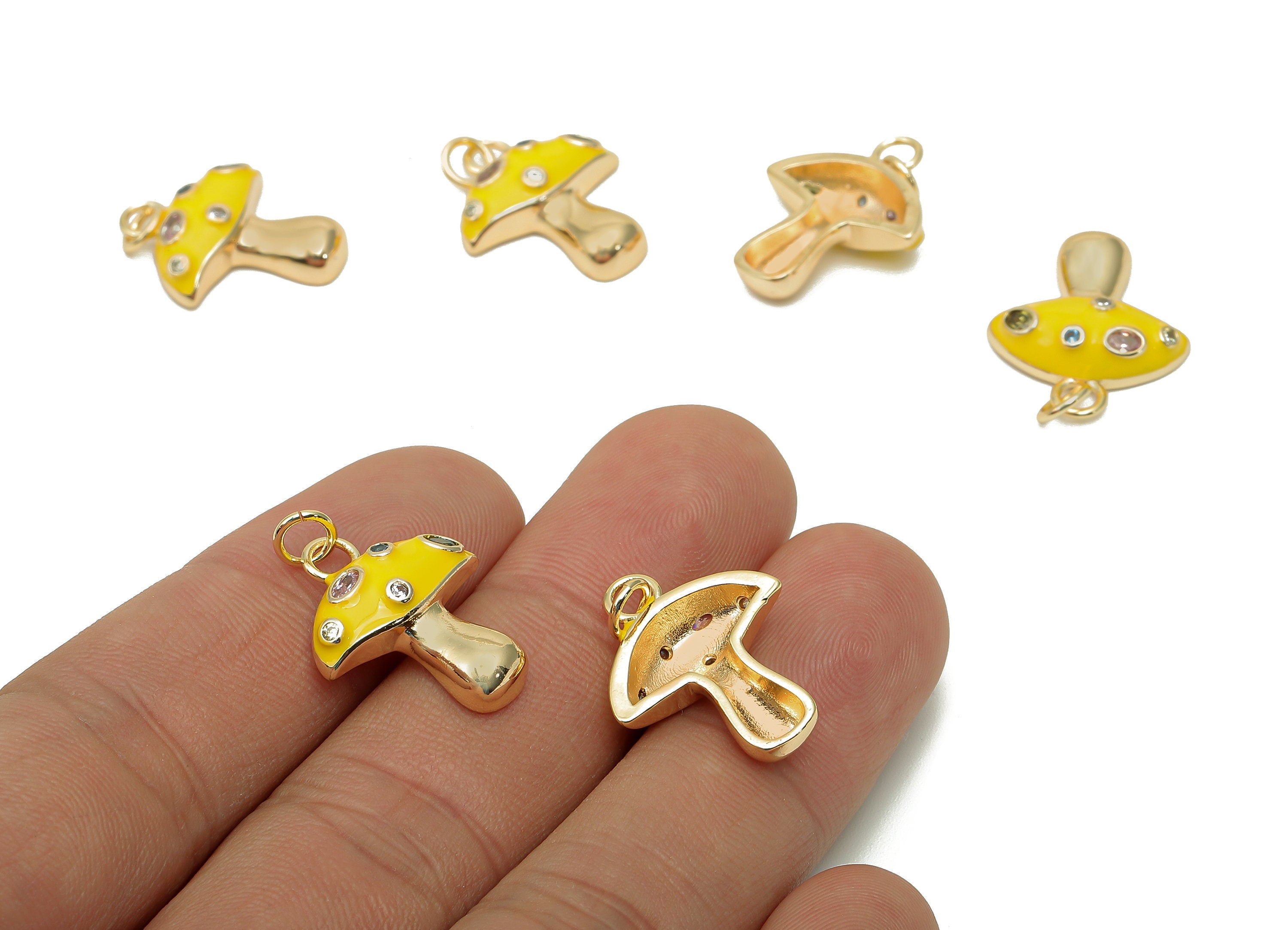 Brass Enamel Mushroom Pendant - Zircon Yellow Fungus Earring Charm - Necklace Charm With Loop - 18K Real Gold Plating-23x16.9x1.5mm-RGP5662C - DOMEDBAZAAR