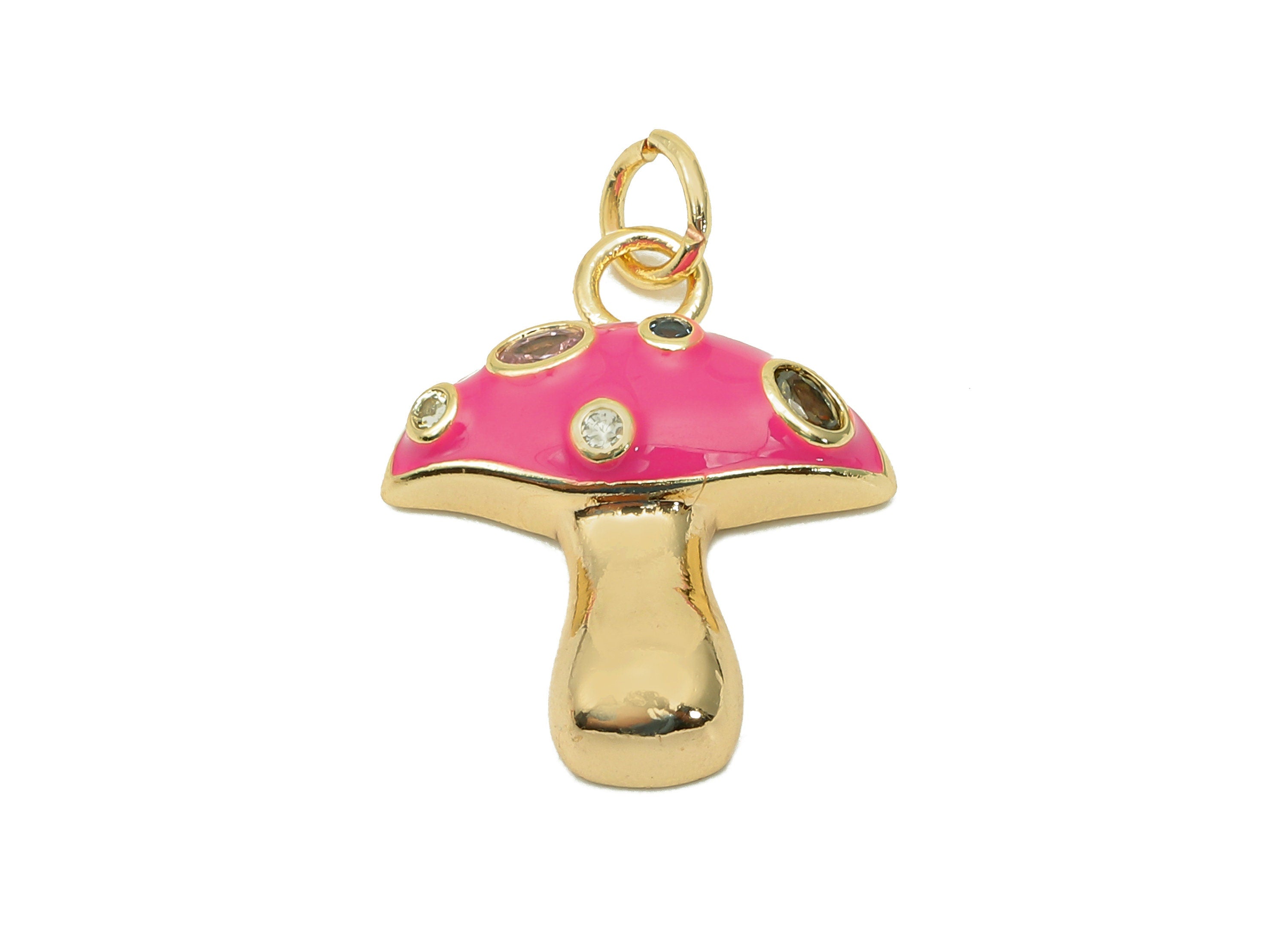 Brass Enamel Mushroom Pendant - Zircon Pink Fungus Earring Charm - Necklace Charm With Loop - 18K Real Gold Plating - 23x16.9x1.5mm-RGP5662E - DOMEDBAZAAR