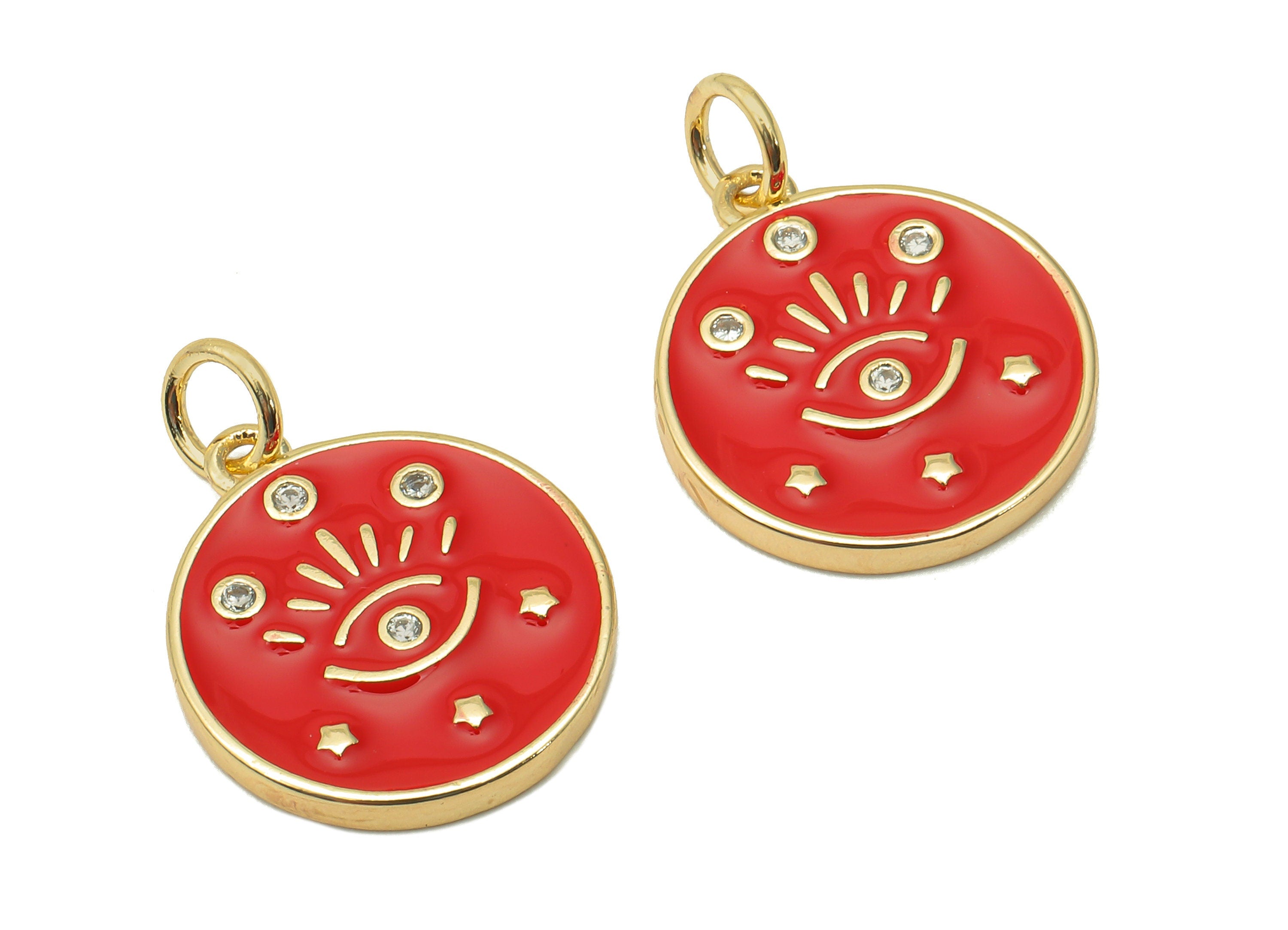 Brass Zircon Round Eyelash Pendant - Red Enamel Eye Earring - Circle Charm With Loop - 18K Real Gold Plating -20.3x15x1.7mm-RGP5663D - DOMEDBAZAAR