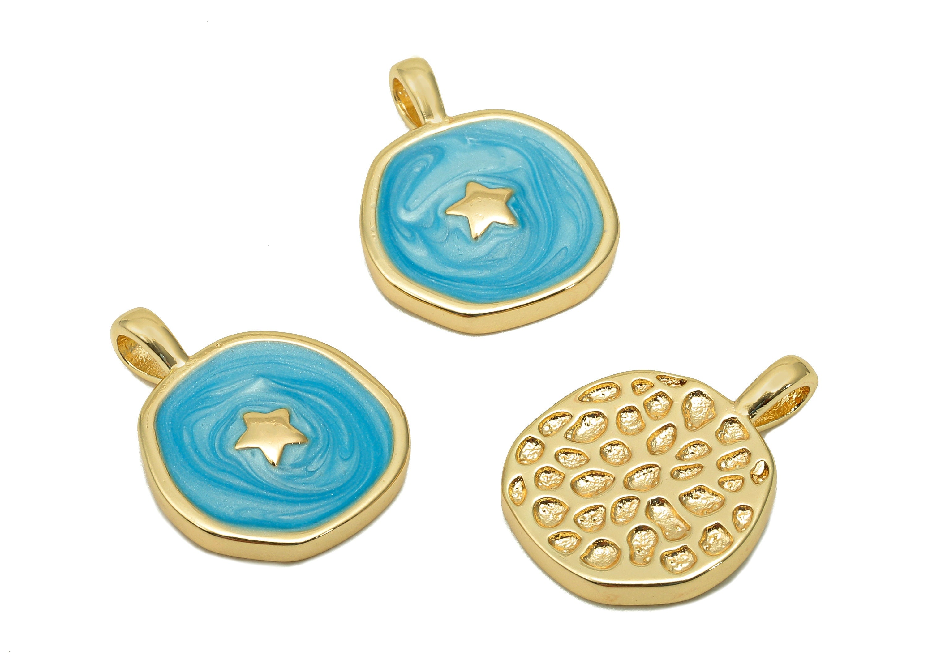 Brass Hammered Round Star Pendant - Blue Circle Enamel Earring - Necklace Charm With Loop - 18K Real Gold Plating - 17.5x13.3x1.8mm-RGP5664C - DOMEDBAZAAR