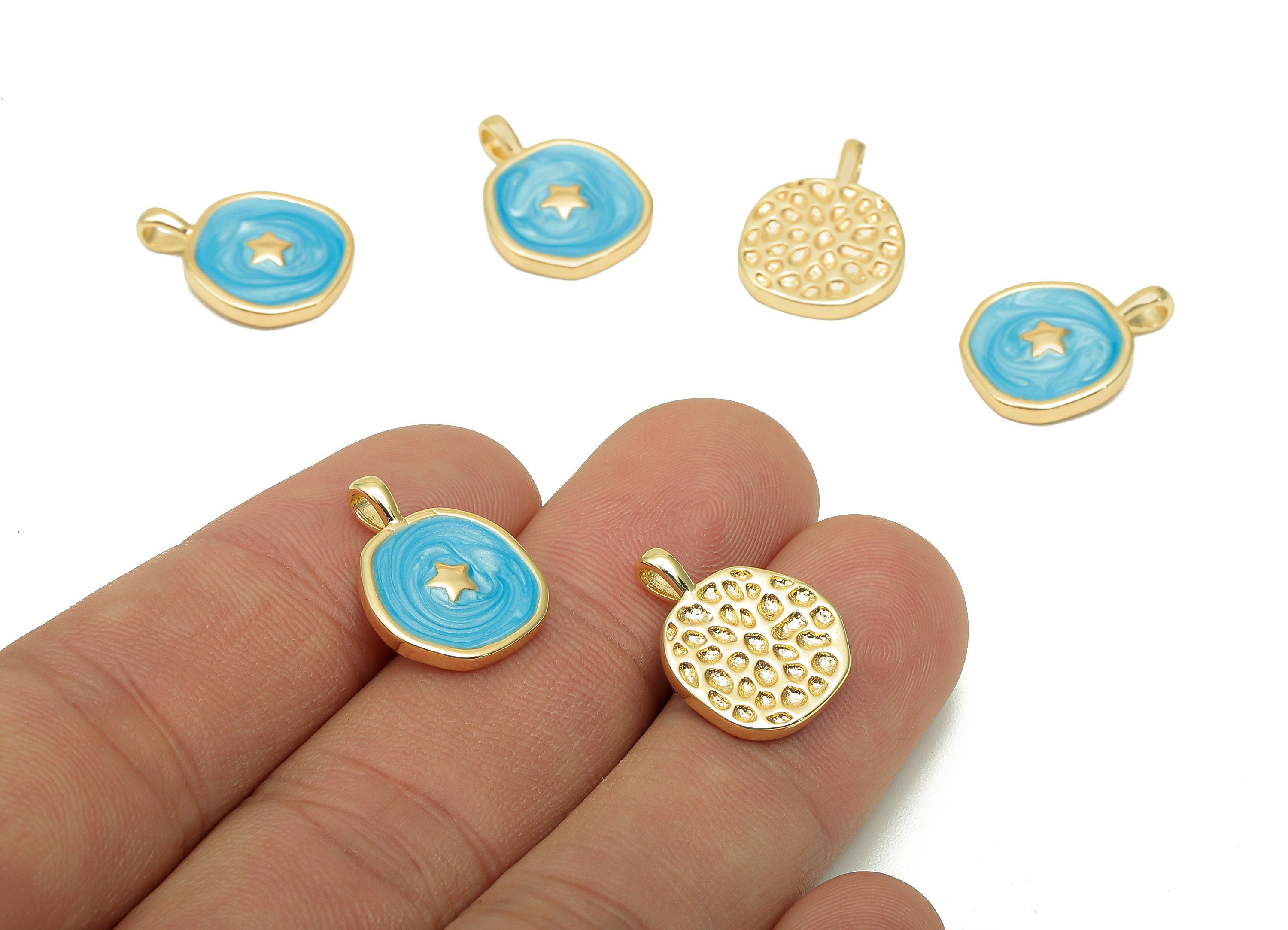 Brass Hammered Round Star Pendant - Blue Circle Enamel Earring - Necklace Charm With Loop - 18K Real Gold Plating - 17.5x13.3x1.8mm-RGP5664C - DOMEDBAZAAR