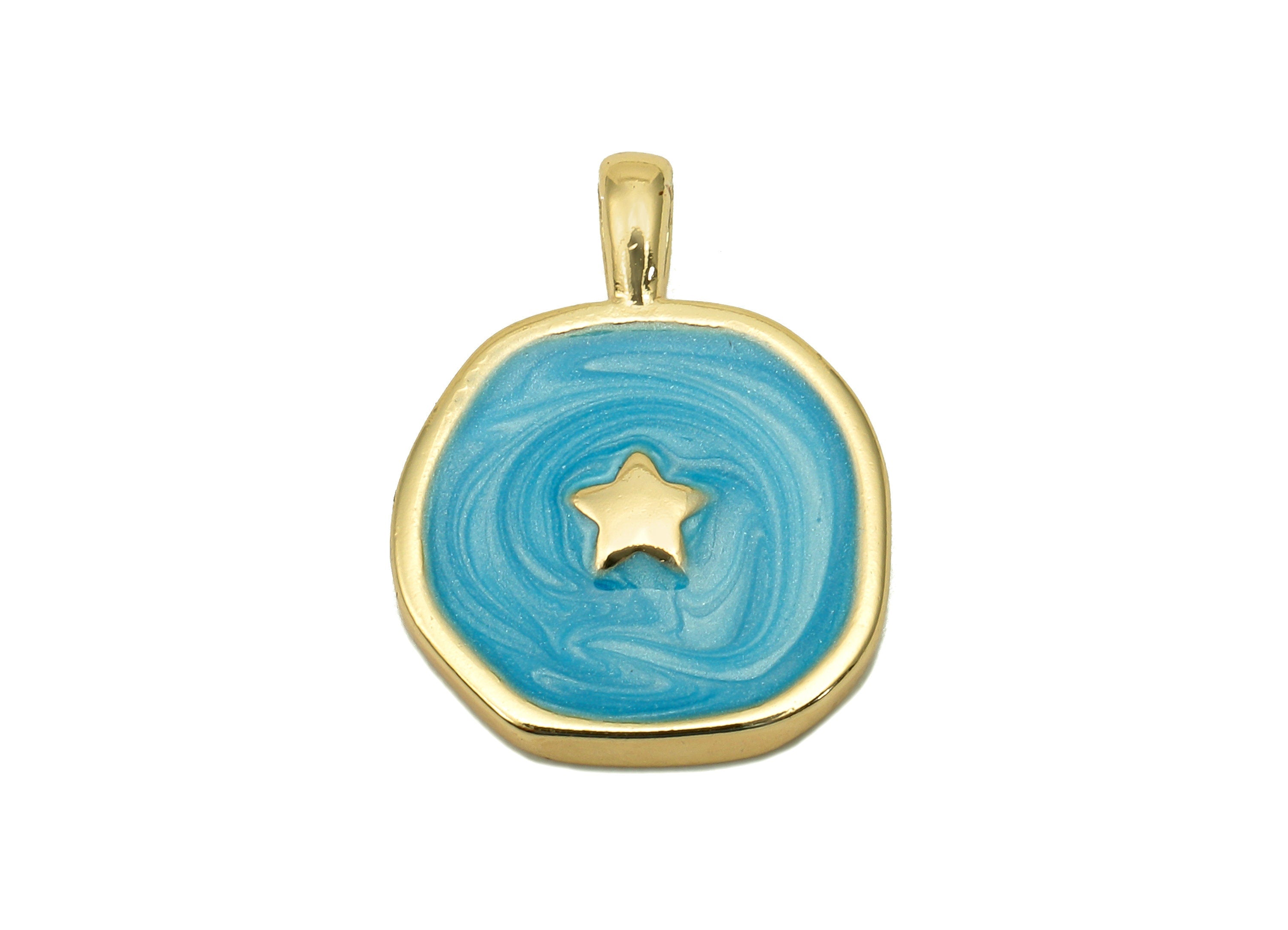 Brass Hammered Round Star Pendant - Blue Circle Enamel Earring - Necklace Charm With Loop - 18K Real Gold Plating - 17.5x13.3x1.8mm-RGP5664C - DOMEDBAZAAR