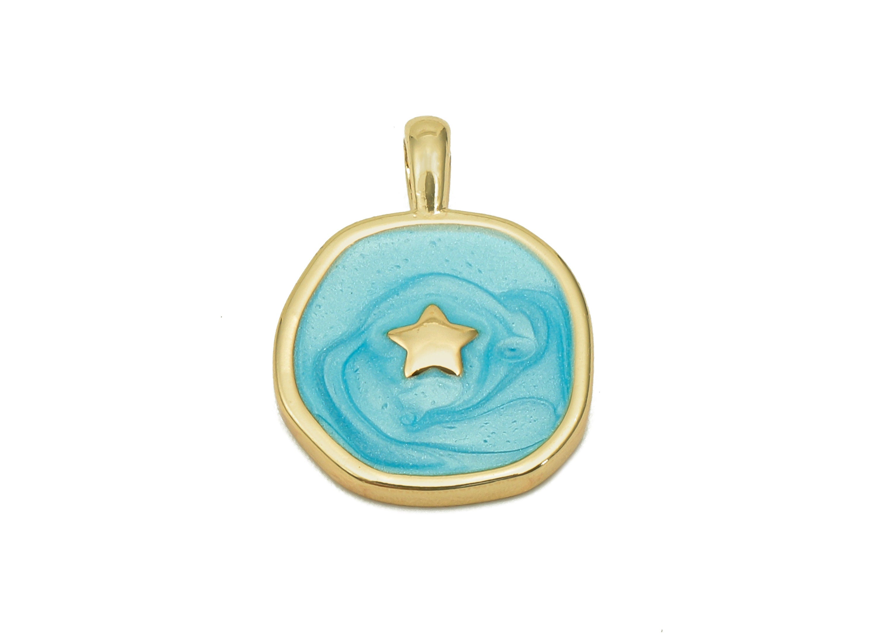 Brass Hammered Round Star Pendant - Blue Circle Enamel Earring - Necklace Charm With Loop - 18K Real Gold Plating - 17.5x13.3x1.8mm-RGP5664G - DOMEDBAZAAR
