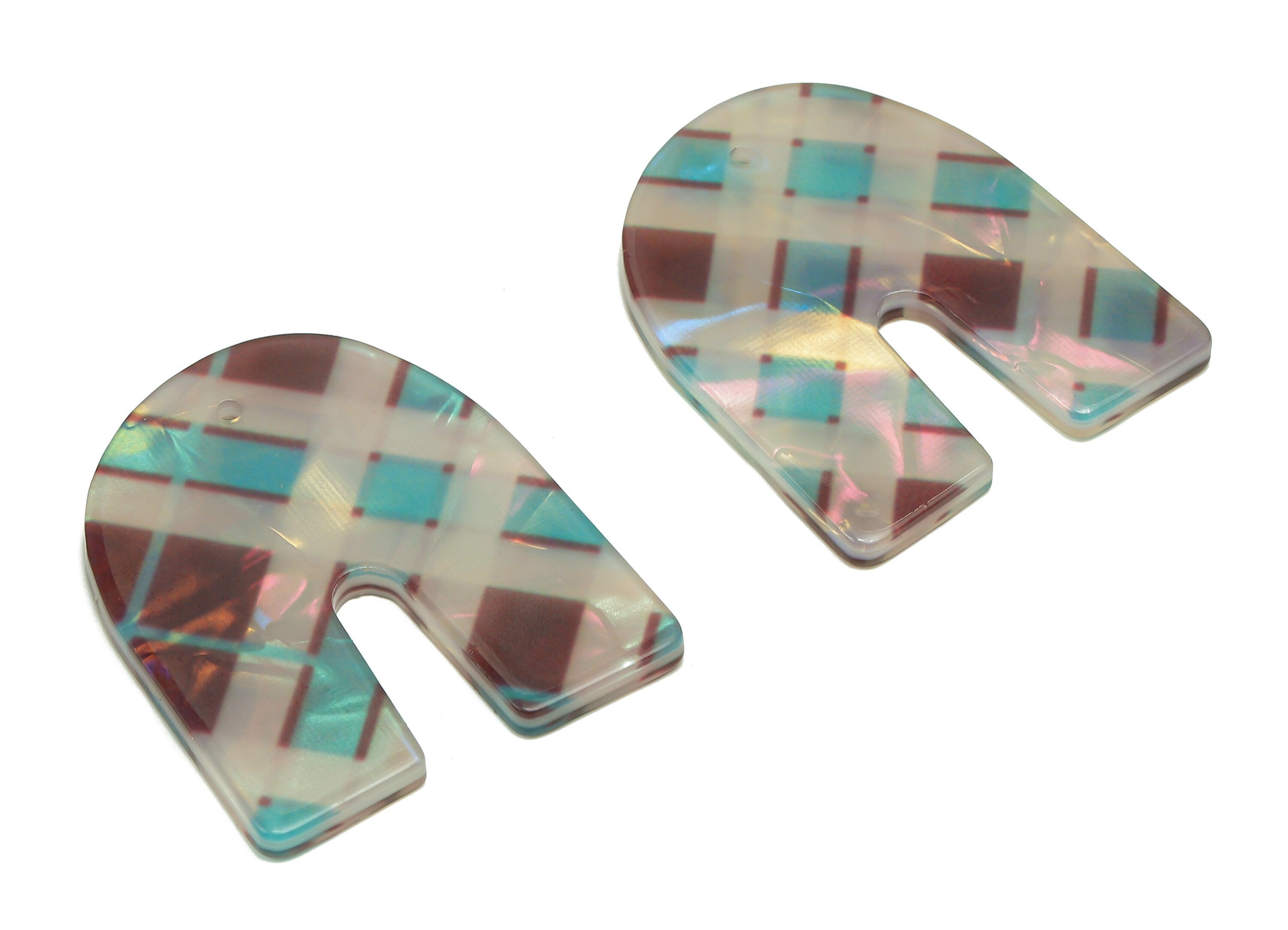 PVC Domed U Earring Charm - U Checkered Print Pendant With Hole - Earring Findings - Color Code: A866 - 37.7x31.2x2.5mm -AC2539-A866 - DOMEDBAZAAR