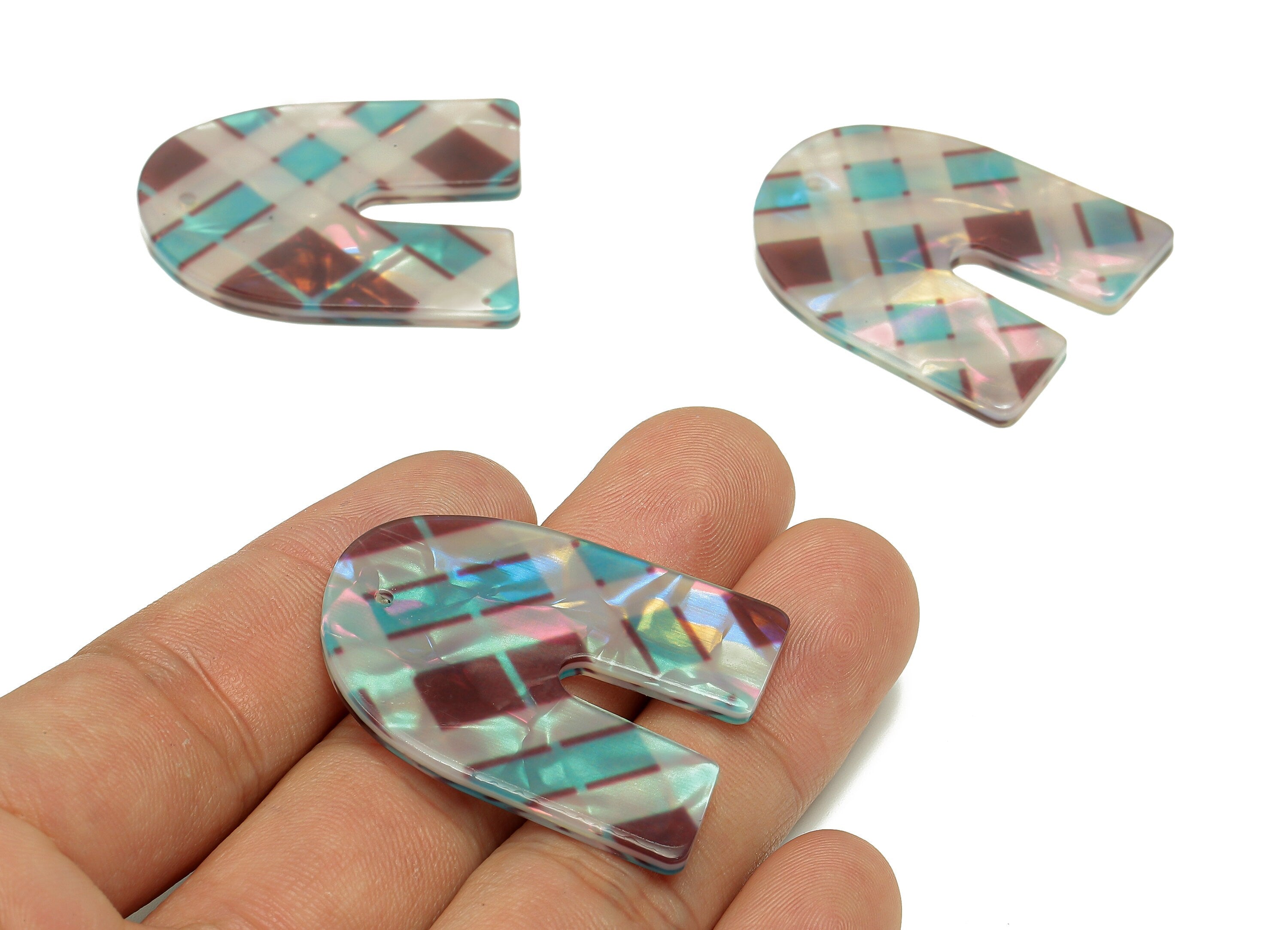 PVC Domed U Earring Charm - U Checkered Print Pendant With Hole - Earring Findings - Color Code: A866 - 37.7x31.2x2.5mm -AC2539-A866 - DOMEDBAZAAR