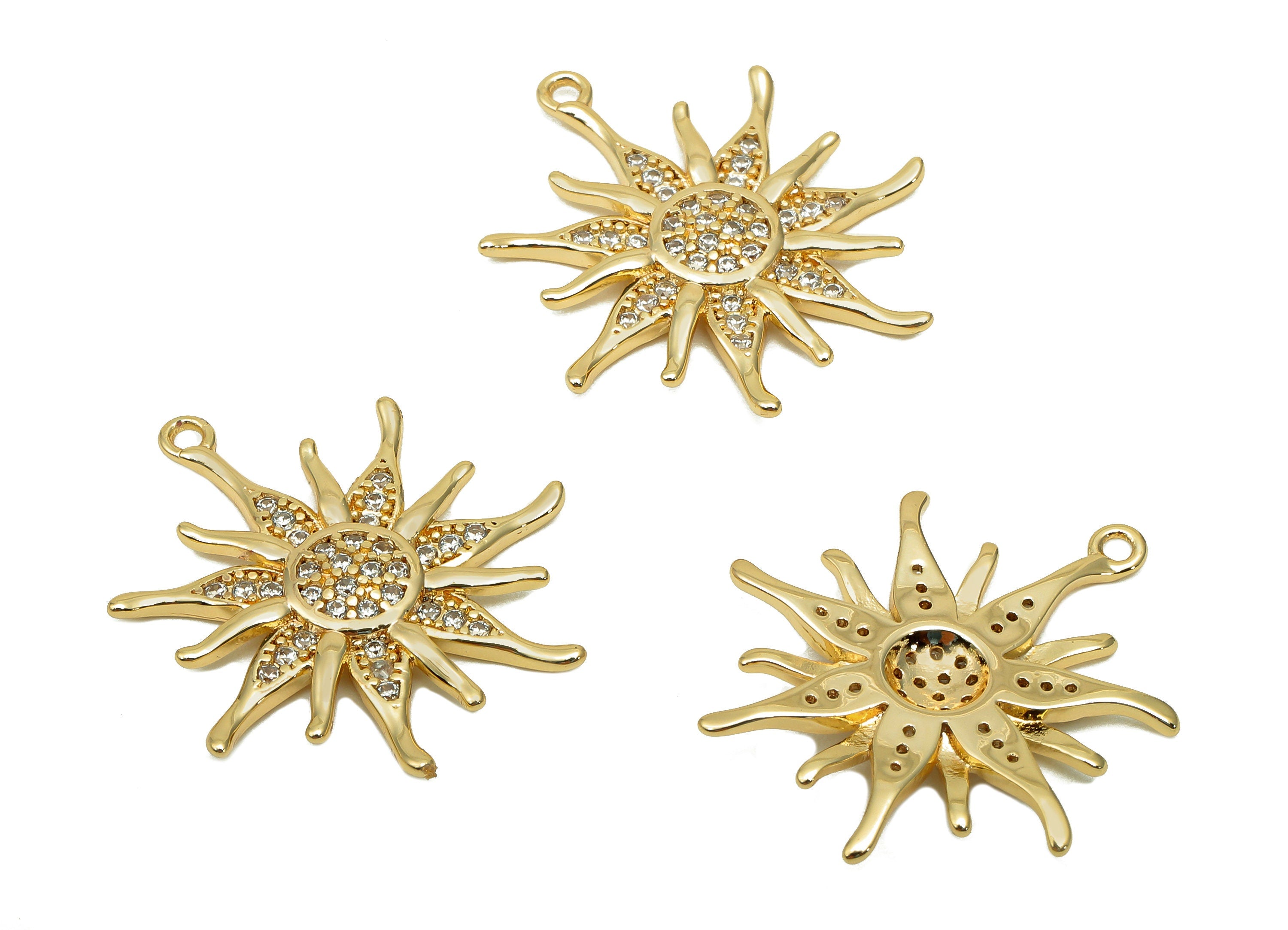 Brass Sun Earring Charm - Gold Zircon Dots Sun Earring - Spot Pendant With Loop - 18K Real Gold Plating Charm - 22.8x21.3x2.3mm - RGP5668 - DOMEDBAZAAR