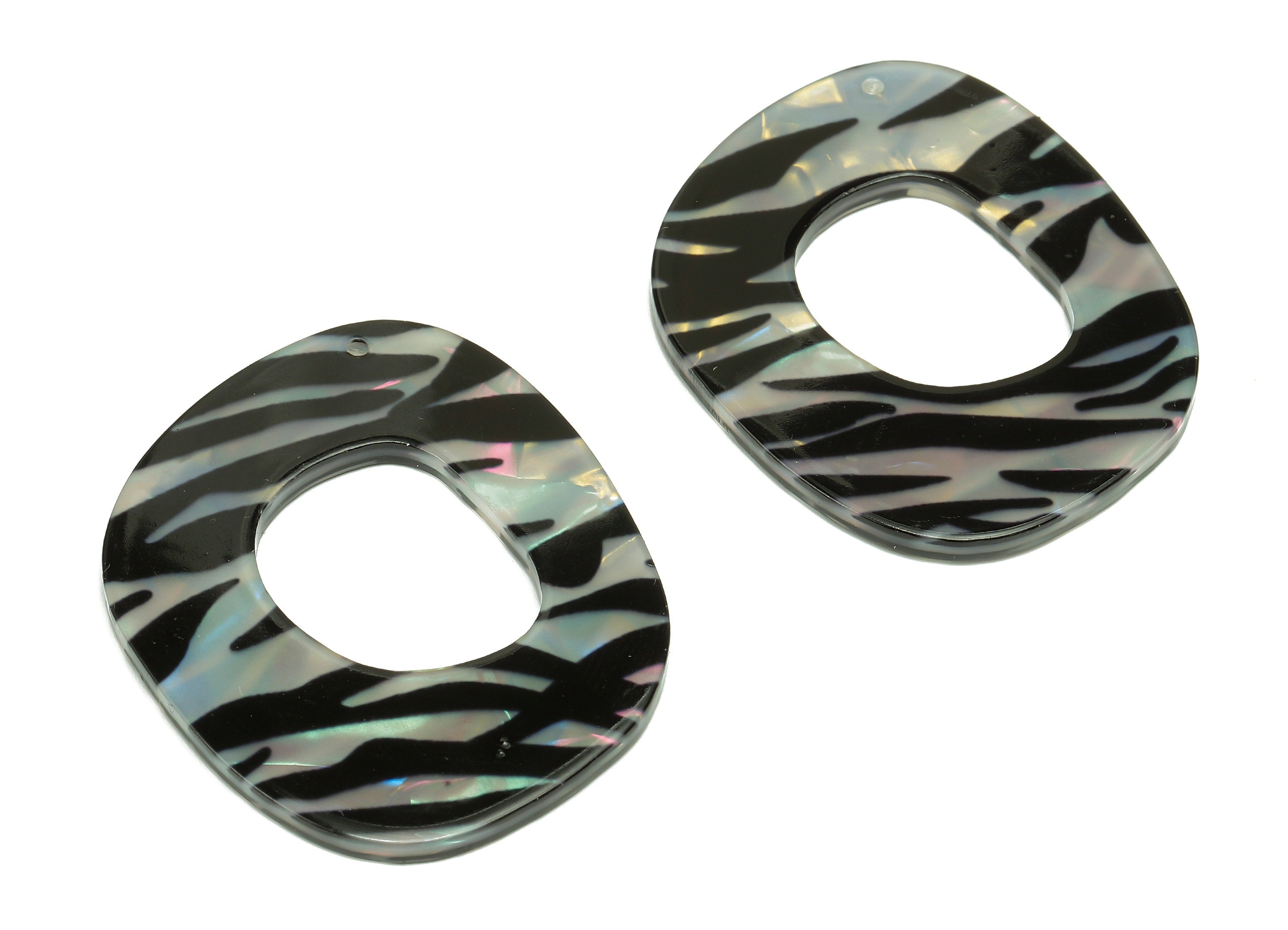 PVC Black Oval Square Circle Earring Charm - Zebra Print Hollow Circle Pendant - Charm With Hole - Color Code: A871 - 39x27x3mm -AC2543-A871 - DOMEDBAZAAR