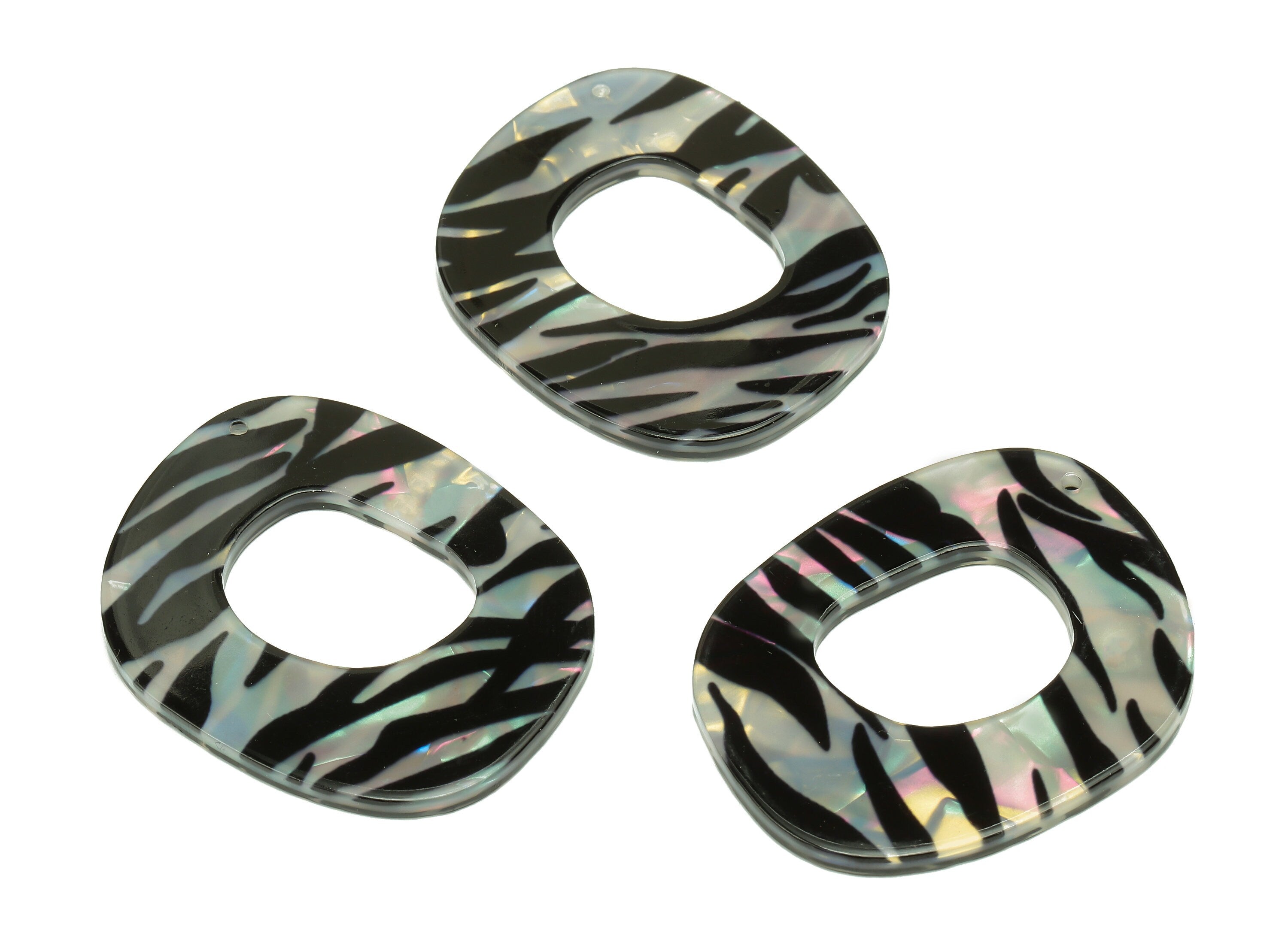 PVC Black Oval Square Circle Earring Charm - Zebra Print Hollow Circle Pendant - Charm With Hole - Color Code: A871 - 39x27x3mm -AC2543-A871 - DOMEDBAZAAR
