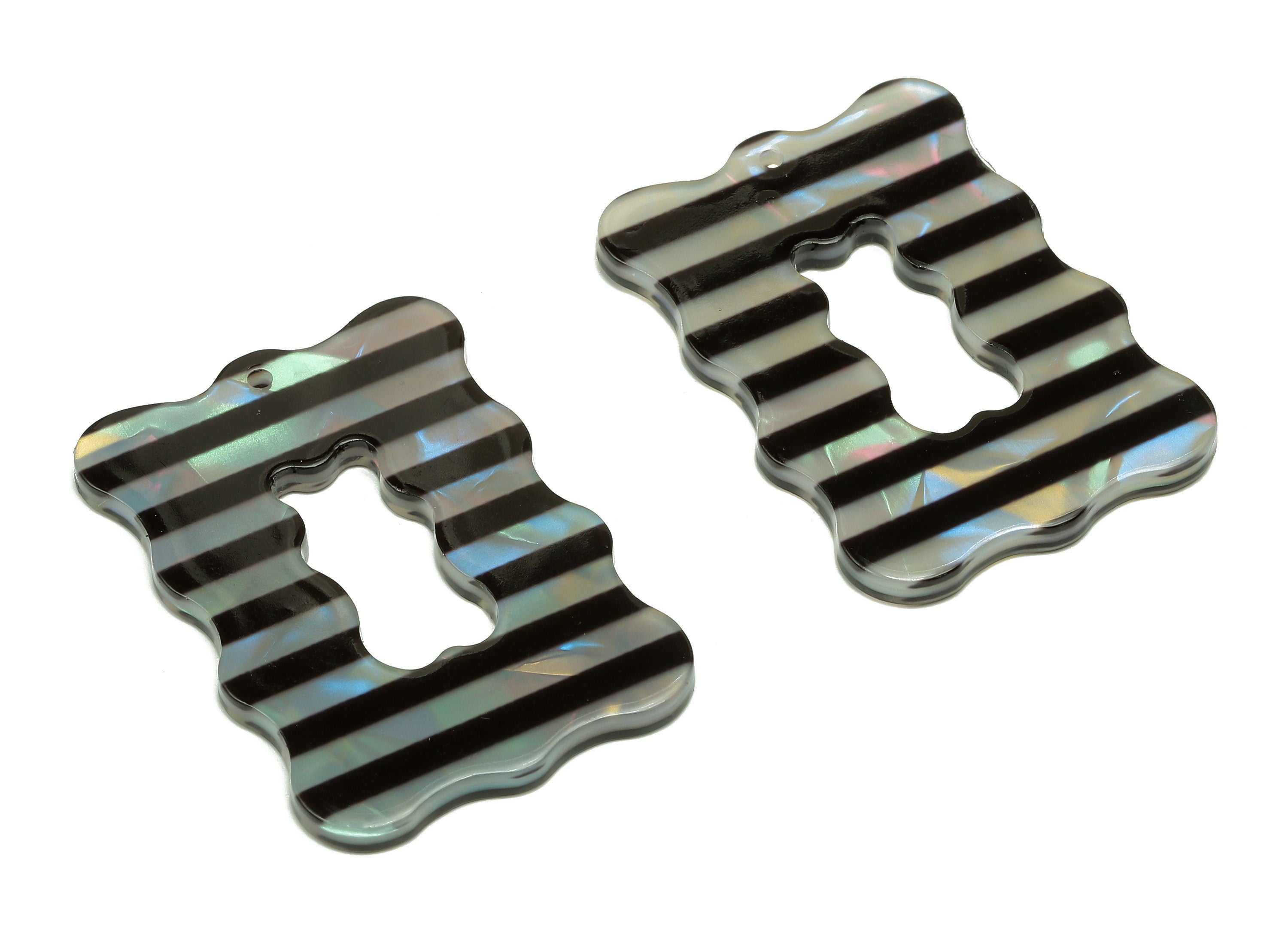 PVC Wave Rectangle Earring Charm - Black Stripe Hollow Wave Rectangle Pendant - Charm With Hole - Color Code: A873 - 40x28x2mm - AC2544-A873 - DOMEDBAZAAR
