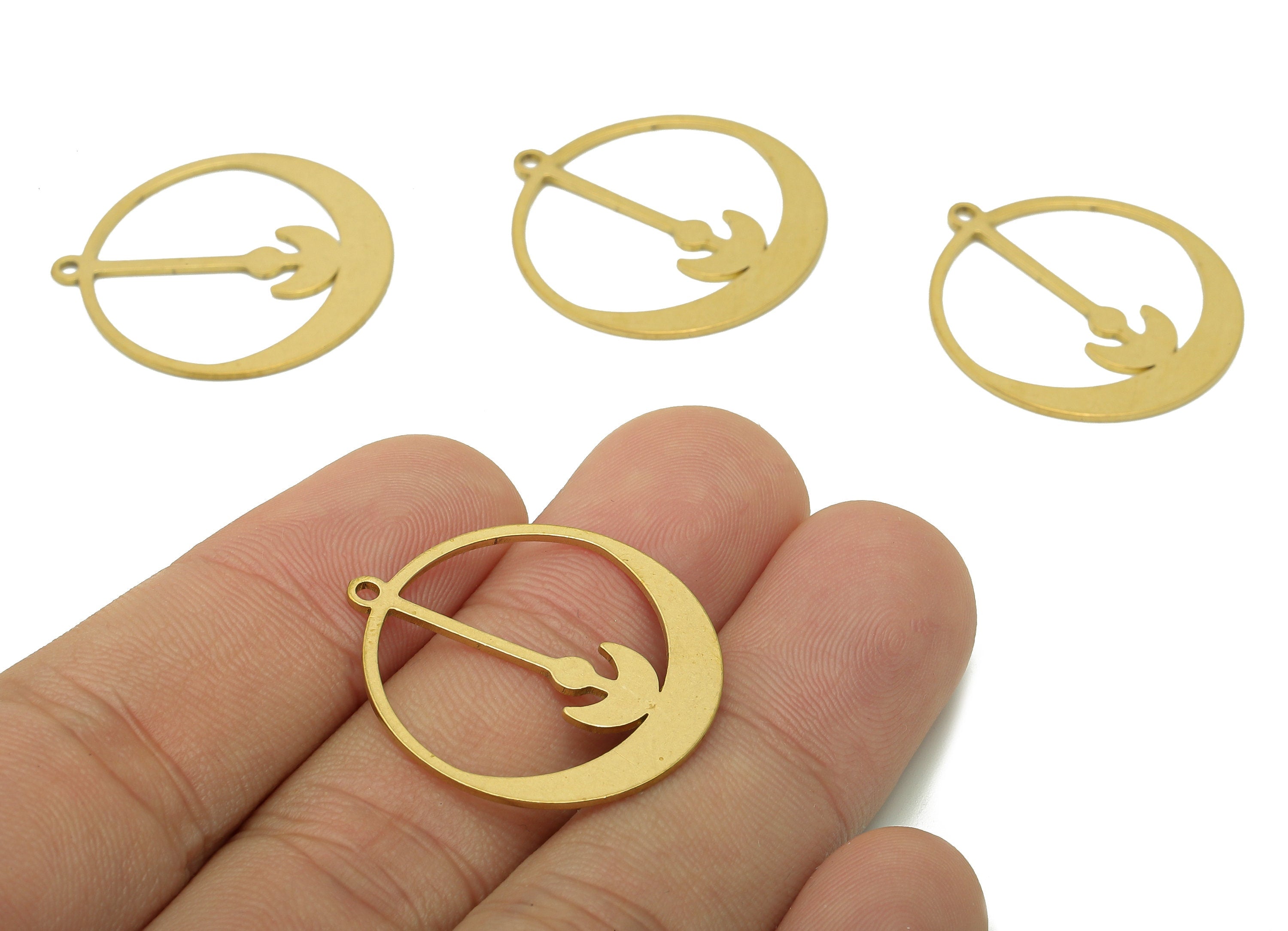 Brass Round Anchor Earring Charm - Raw Brass Crescent Cutout Earring - Circle Pendant With Loop - For Necklace - 27.9x25.5x0.8mm-PPA6098 - DOMEDBAZAAR