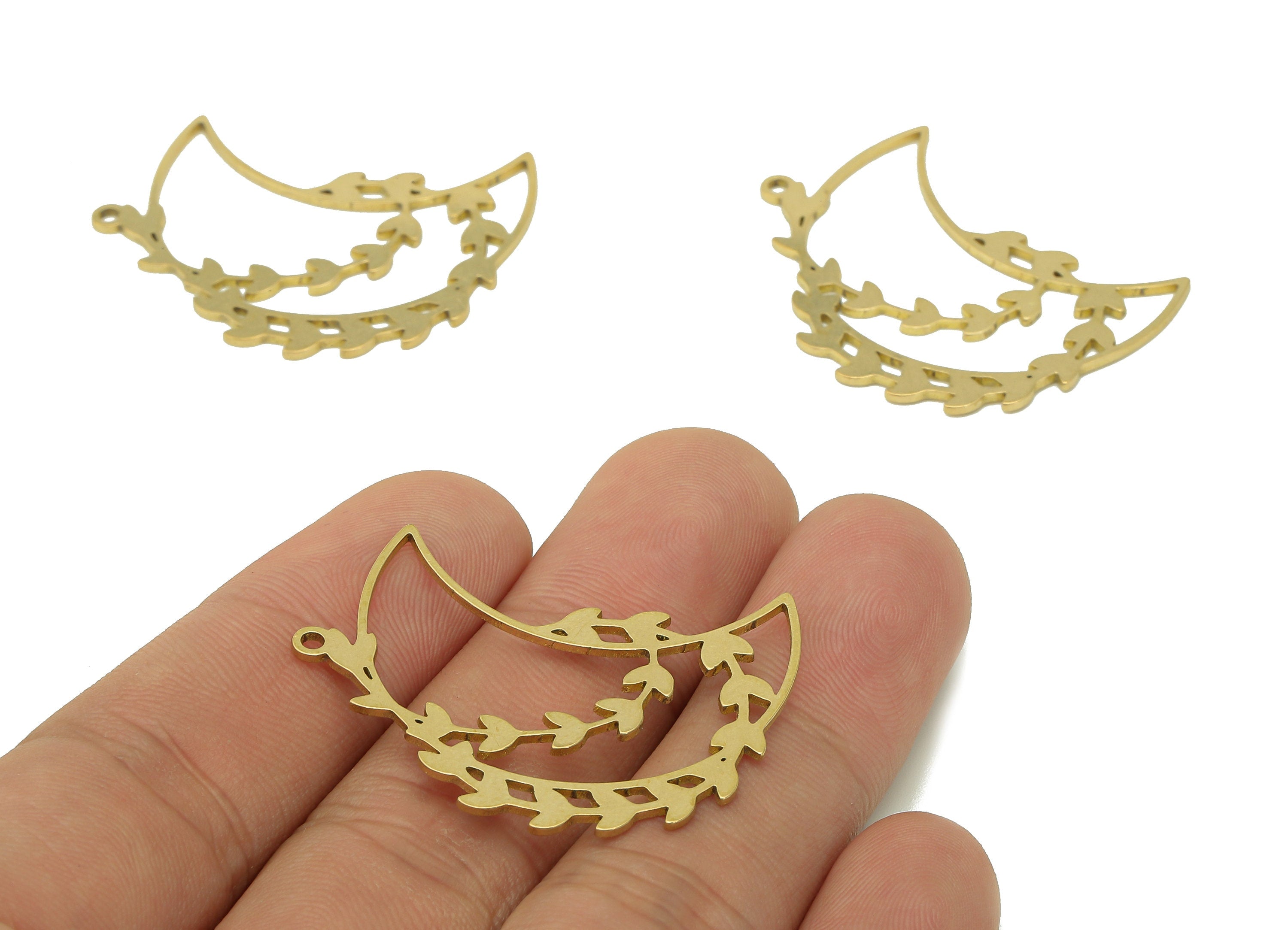 Brass Creeper Crescent Leaf Earring - Raw Brass Moon Earring Charm - Flower Hollow Pendant With Loop - Branch Charm -38.7x23.1x0.8mm-PPA6735 - DOMEDBAZAAR