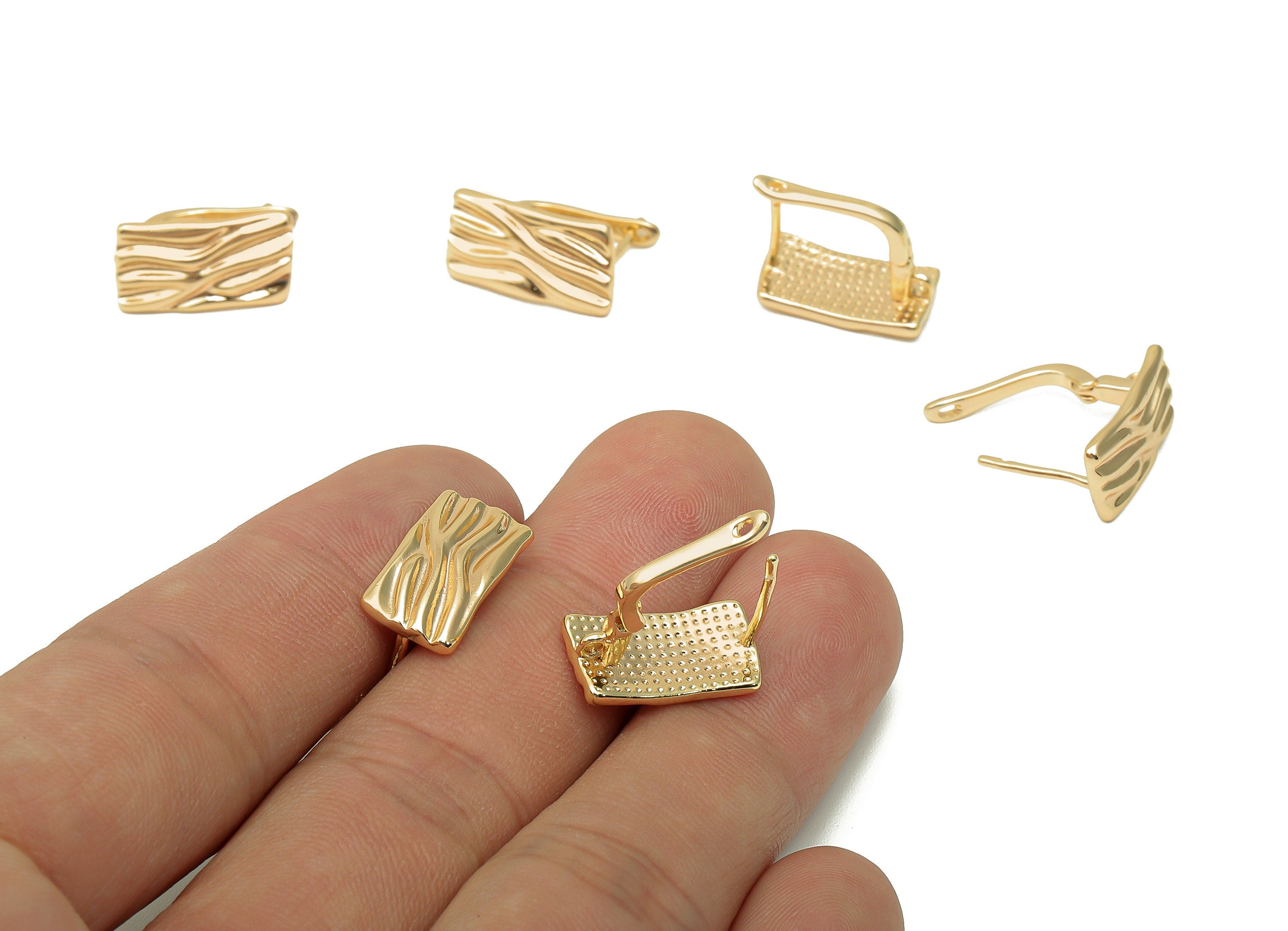 Brass Textured Rectangle Earring Clasp - Gold Wave Leverback Earring - Wavy Clasp Earring - 18K Real Gold Plating - 16.6x13.3x1.8mm -RGP5675 - DOMEDBAZAAR