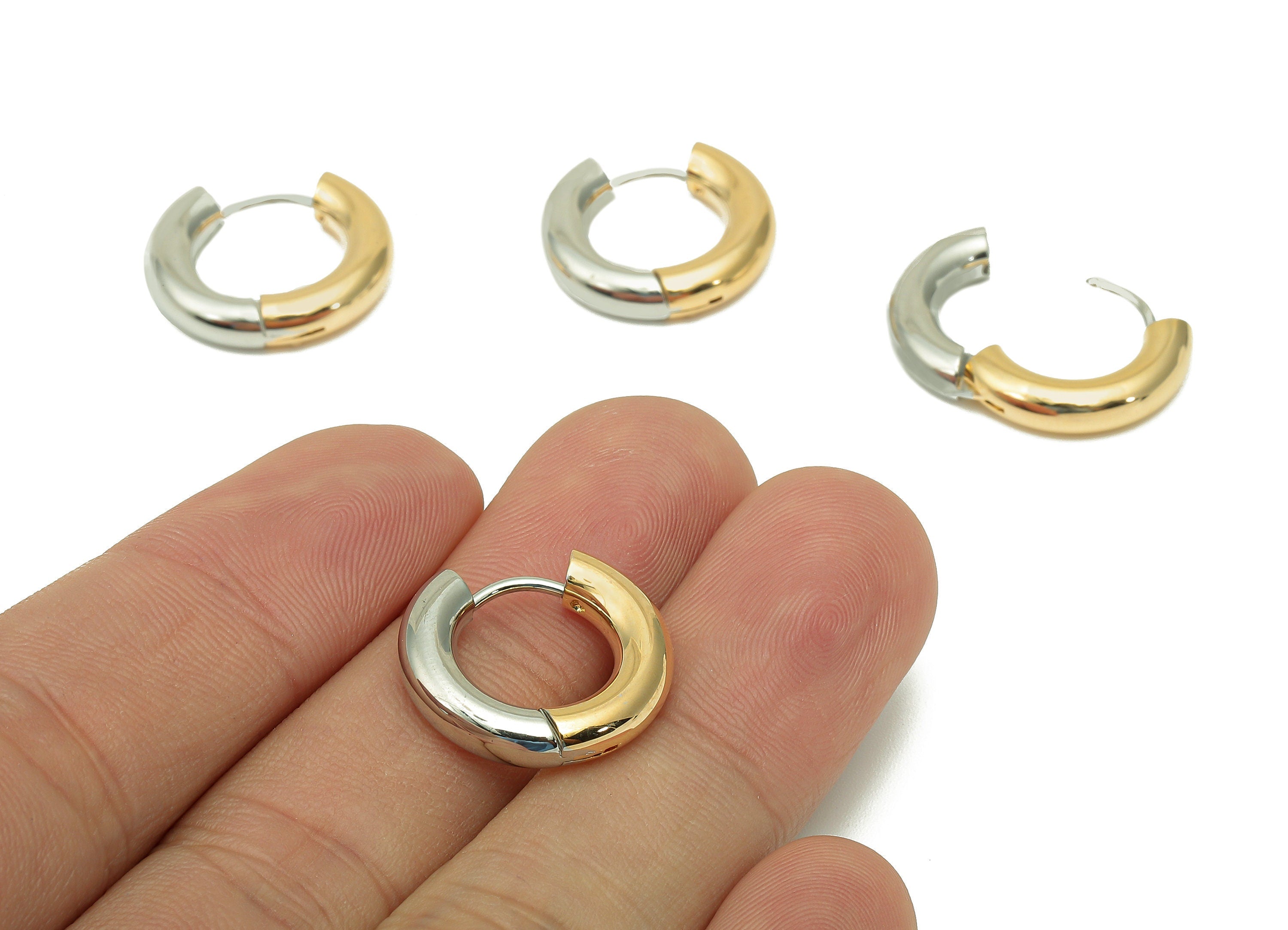 Brass Thick Huggie Hoop Earring - Round Huggies Clasp - Stainless Steel Stud - 18K Real Gold & White Gold Plating - 18.7x17x4.1mm-RGP5676-18 - DOMEDBAZAAR