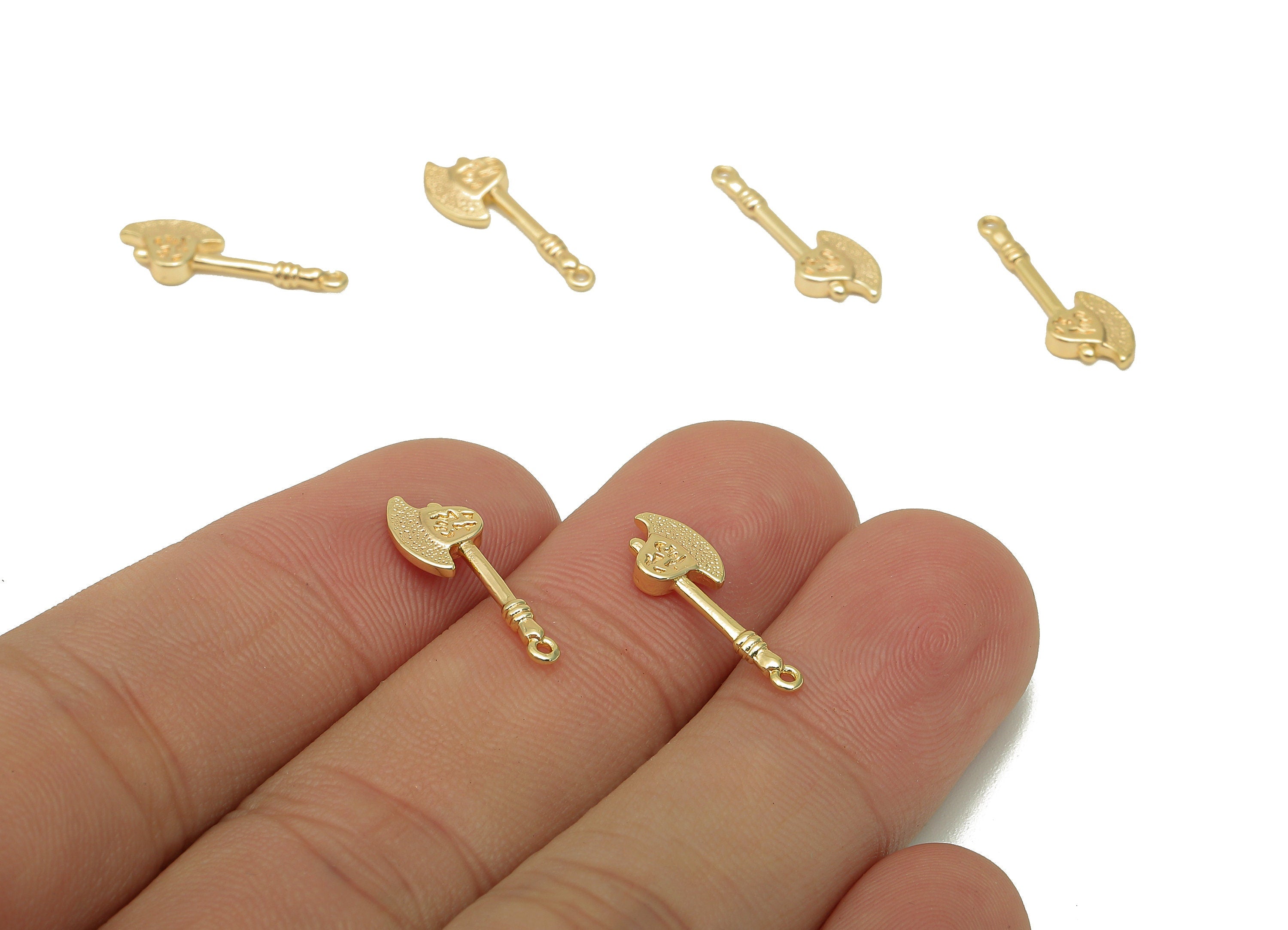 Brass Mini Axe Earring Charm - Gold Textured Dot Hatchet Earring - Spot Pendant With Loop - 18K Real Gold Plating - 17.9x6.1x1.9mm - RGP5689 - DOMEDBAZAAR