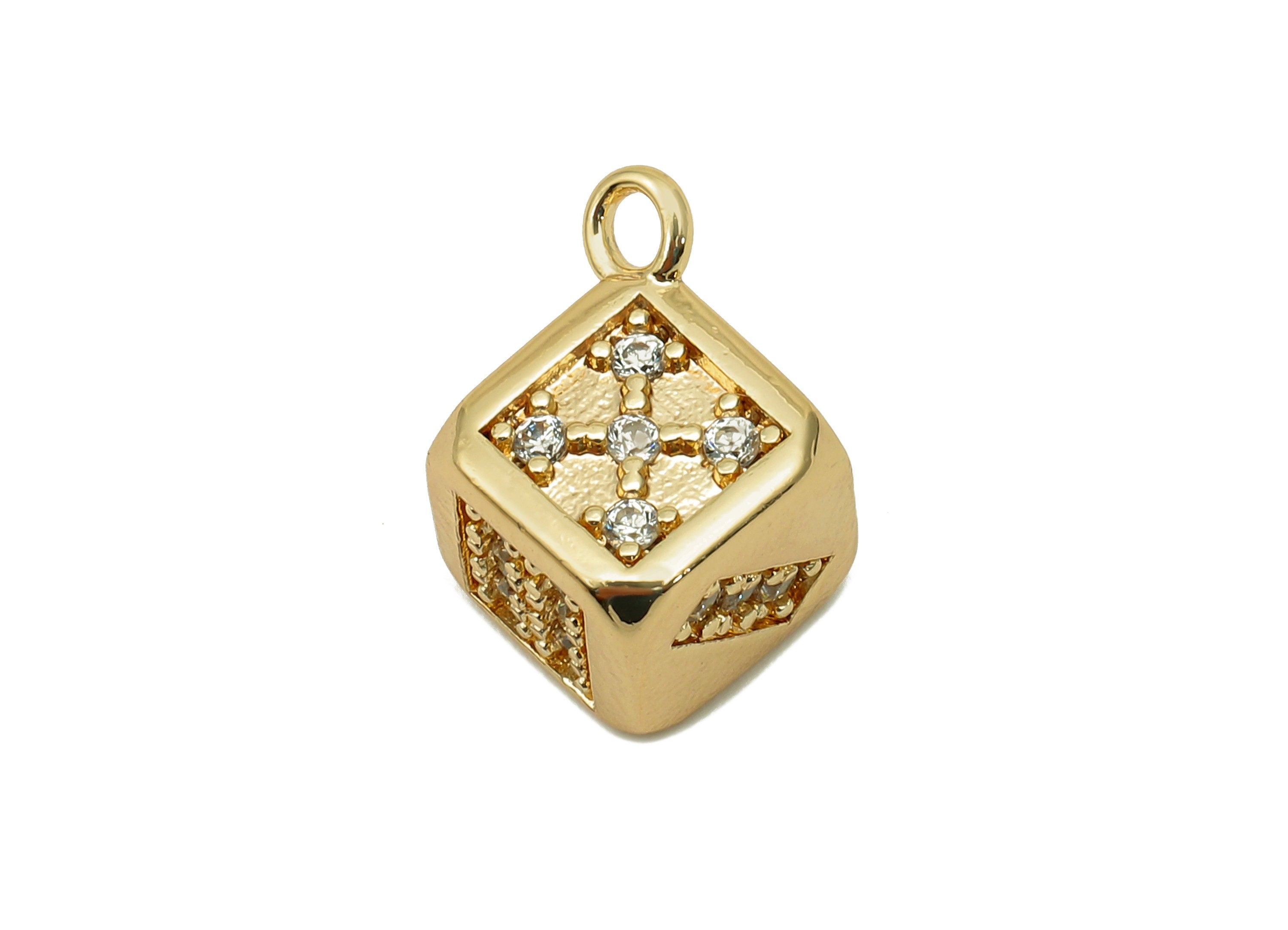 Brass Dice Cube Earring Charm - Zircon Dice Square Earring - Number Pendant With Loop - 18K Real Gold Plating Charm - 15.3x8.6x8.6mm-RGP5714 - DOMEDBAZAAR