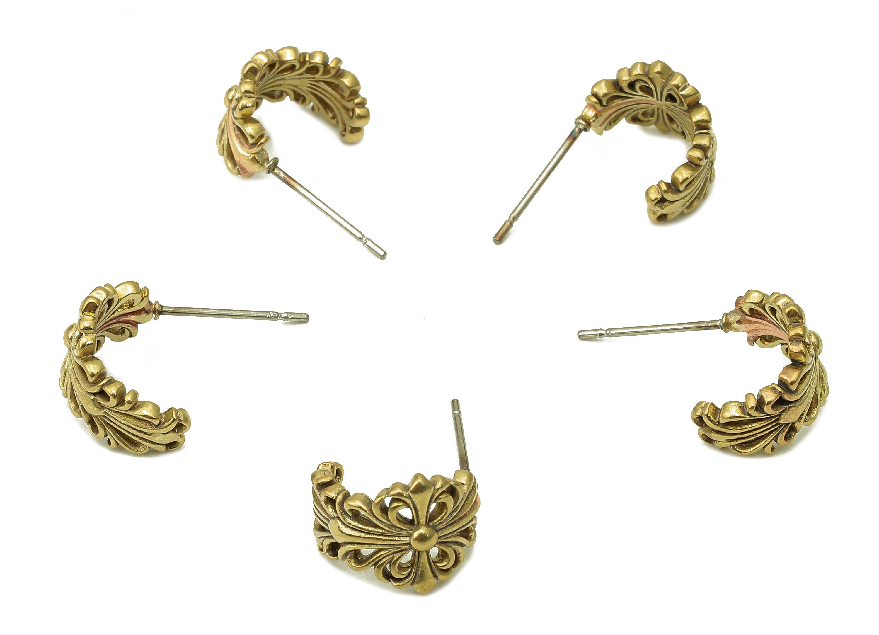 Brass Flower Open Hoop Earring Stud - Raw Brass Coronet C Earring Post - Crown Stud Earring - 316 Stainless Steel Stud - 19x12x2mm - PP8157 - DOMEDBAZAAR
