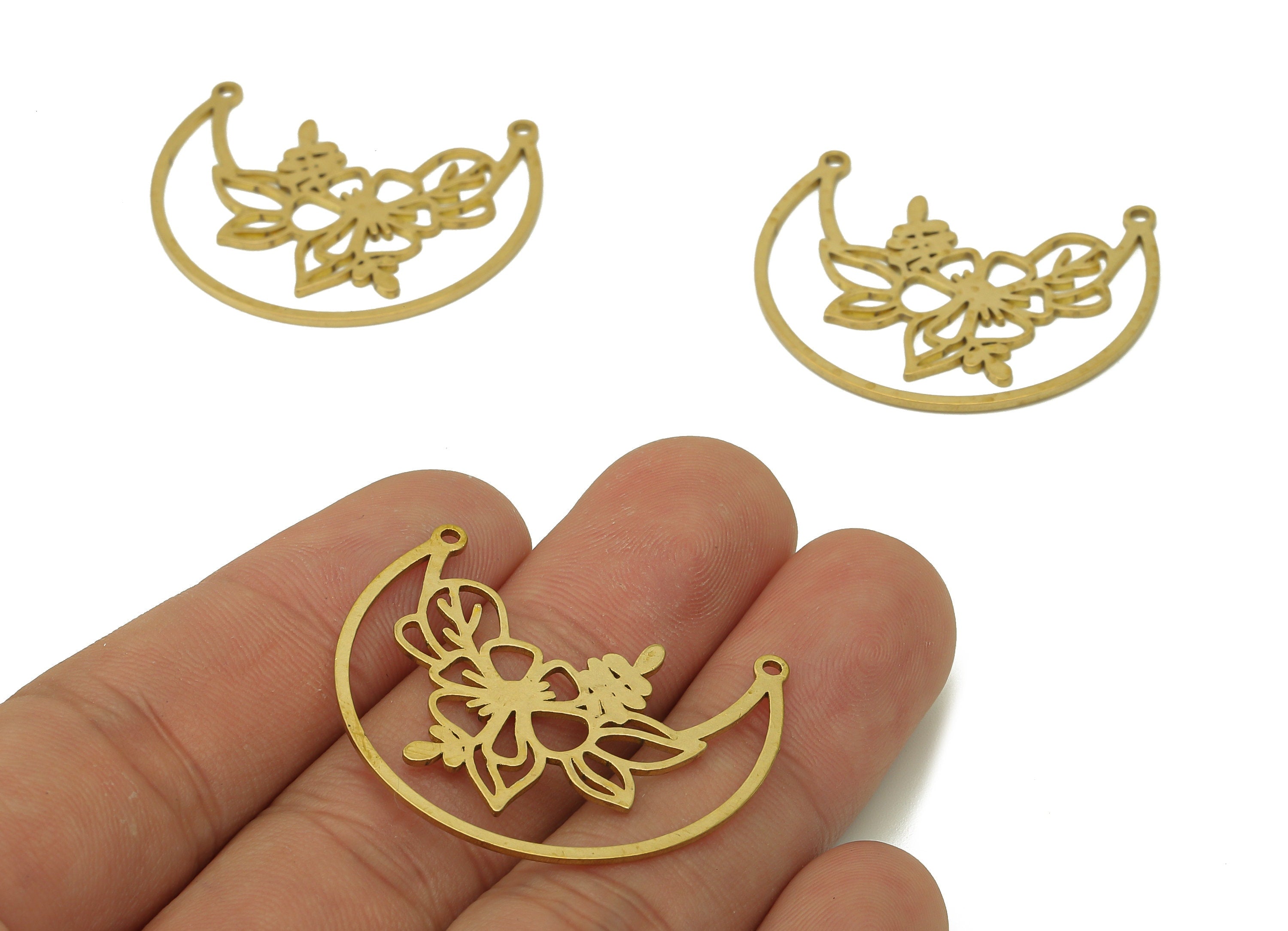 Brass Crescent Flower Earring Connector - Raw Brass Moon Pendant - Hollow Earring With 2 Loops - Leaves Charm - 34.7x30.8x0.9mm - PPA6682 - DOMEDBAZAAR