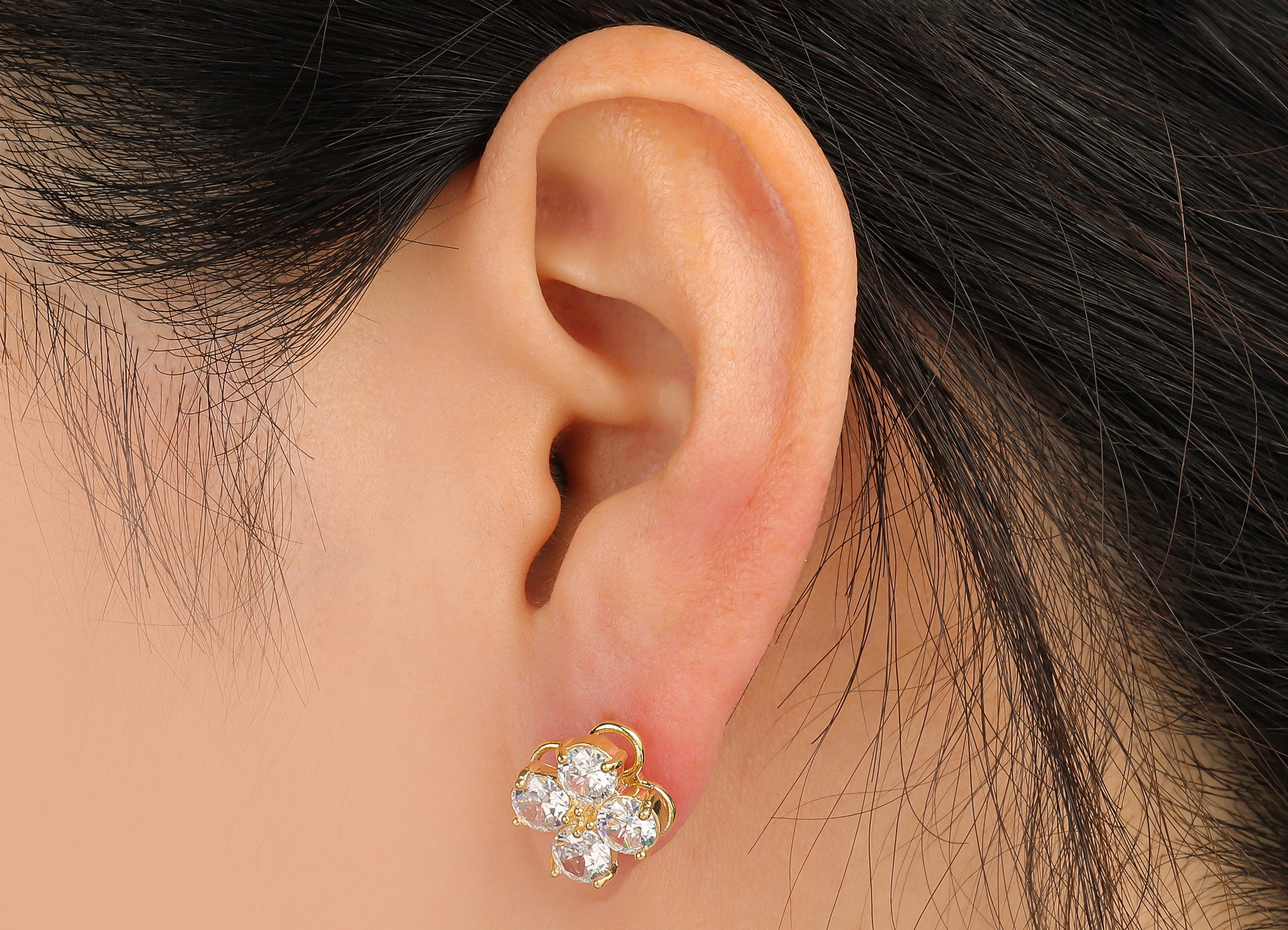 Brass Flower Earring Stud With Zircons - Gold Flower Post - Turning Earrings - 14K Real Gold Plated Brass - 11.09x11.09x6.04mm - RGP4172 - DOMEDBAZAAR