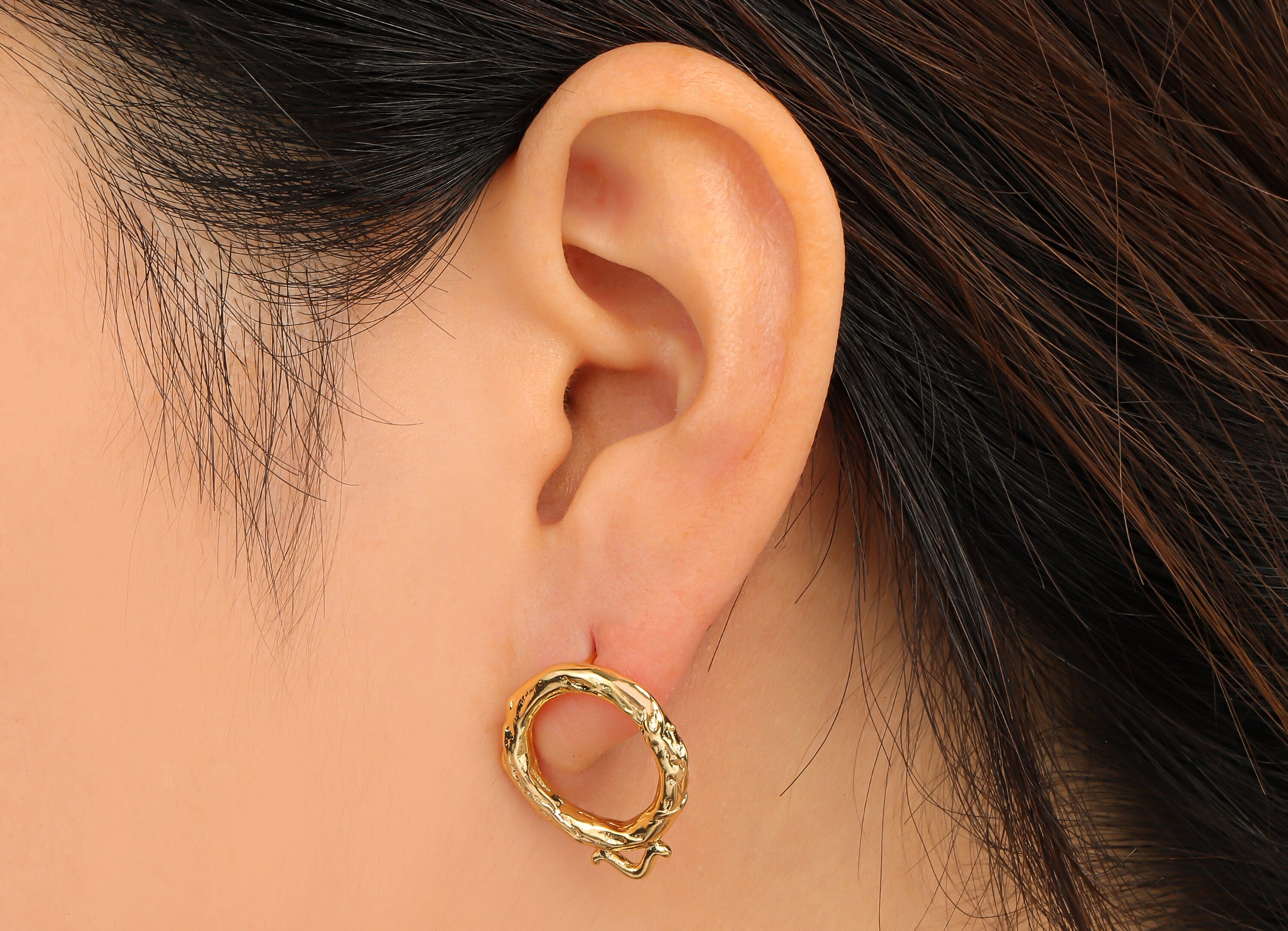Brass Textured Round Earring Stud With Loop - 18K Real Gold Plated Brass - Imitation Silver Stud - Earring Post - 22.4x18.5x2.8mm - RGP4549 - DOMEDBAZAAR