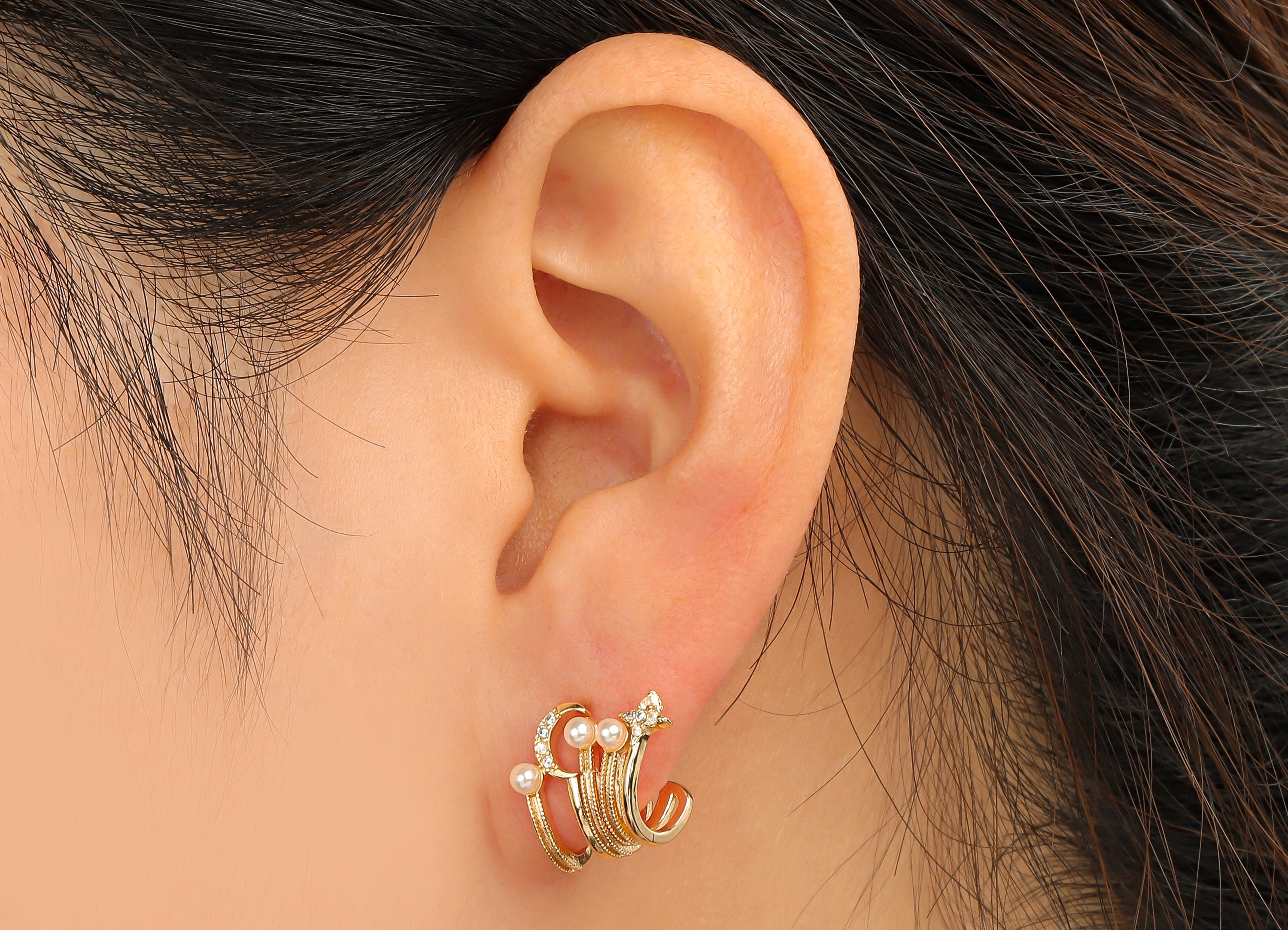 Brass Crescent Stud Earring - Brass Stud Star Earring with Zircon - Mother of Pearl Earrings - Earring Post - 13.38x12.82x3.2mm - RGP4649 - DOMEDBAZAAR