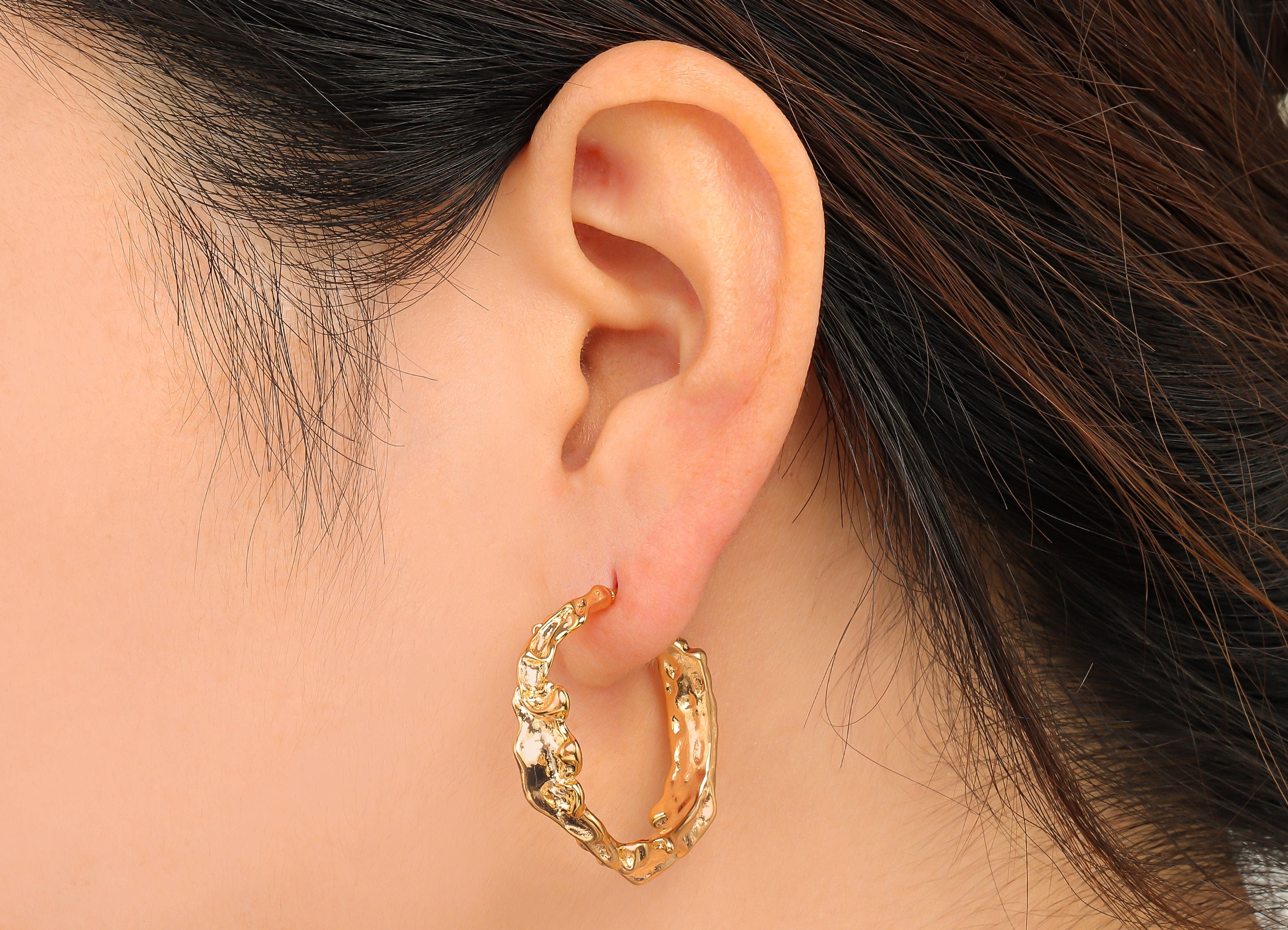 Brass C Hoop Earrings - Brass Open Hoop Earring - 18K Real Gold Plated Brass Post - Stainless Steel Post - 31.1x27.7x3.8mm-RGP4676 - DOMEDBAZAAR
