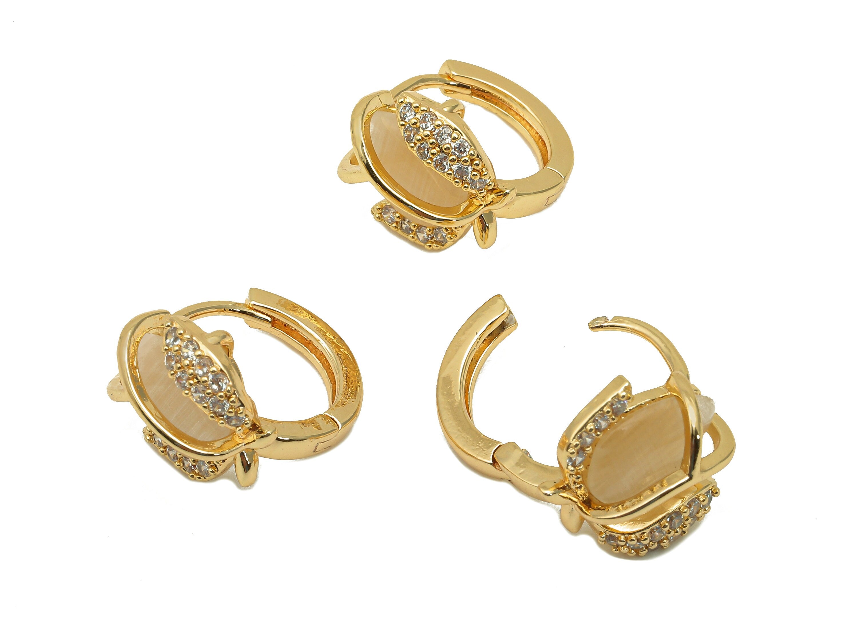 Brass Zircon Peach Earring Clasp - Cat Eye Stone Fruit Hoop Earring - Hoop Clasp Earring- 18K Real Gold Plating - 18.5x14.3x2.1mm - RGP5722 - DOMEDBAZAAR