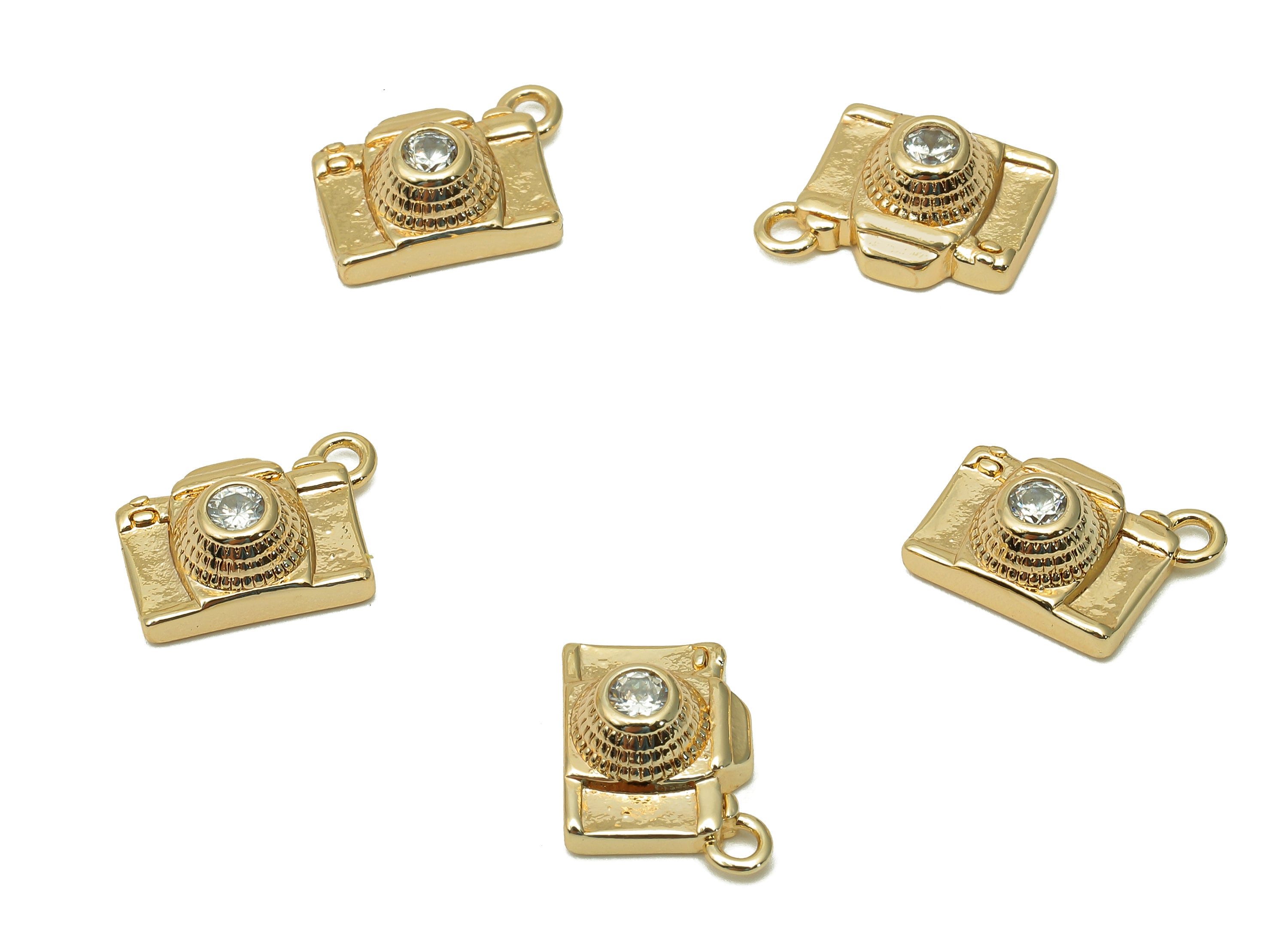 Brass Mini Camera Earring - Zircon Camera Spot Charm - Dots Camera Pendant With Loop - 18K Real Gold Plating - 12.7x9.5x4.8mm -RGP5723 - DOMEDBAZAAR
