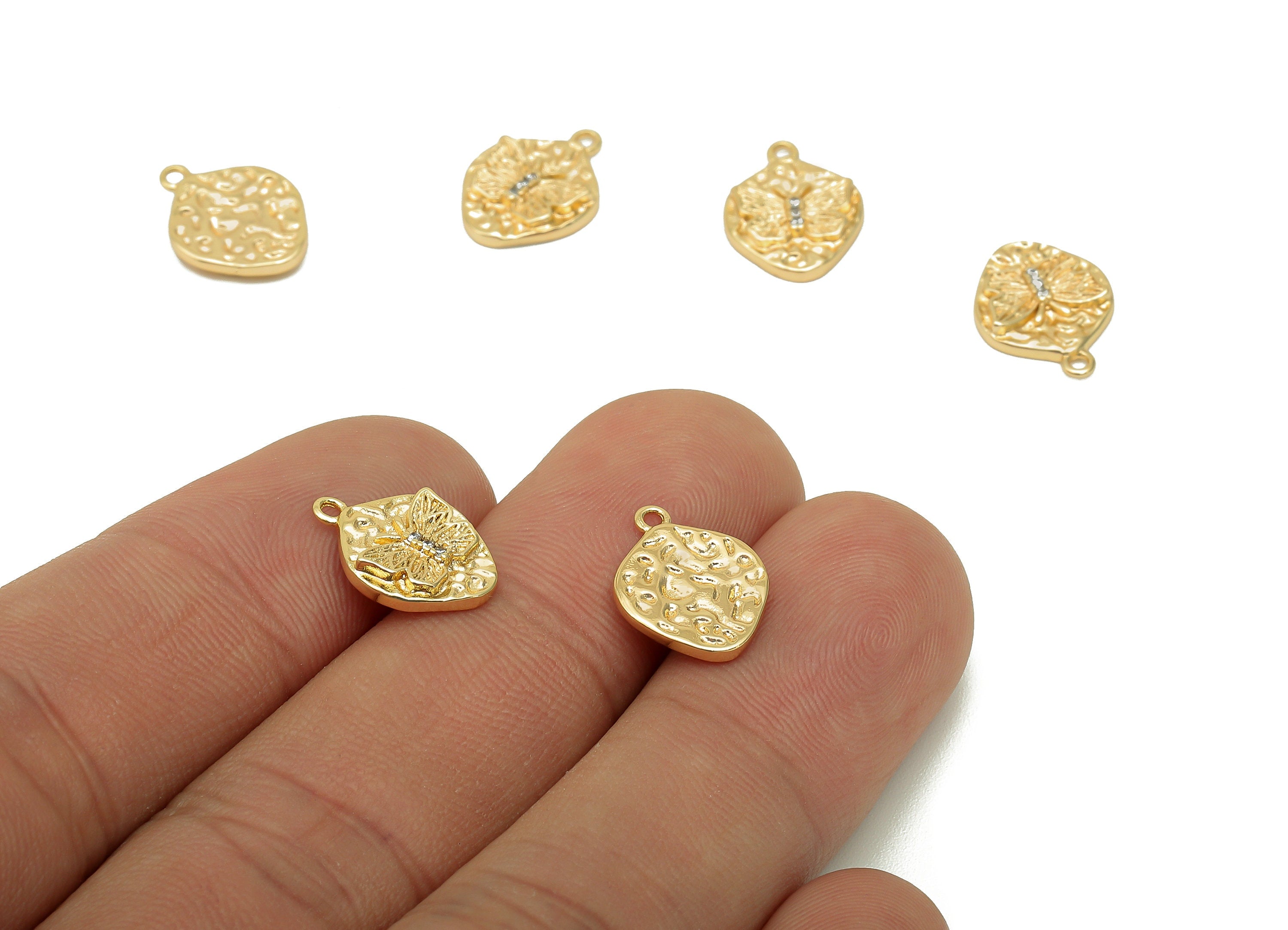 Brass Hammered Butterfly Earring Charm - Zircon Mini Oval Earring - Pendant With Loop - 18K Real Gold Plating - 13.3x10x2.3mm - RGP5728 - DOMEDBAZAAR