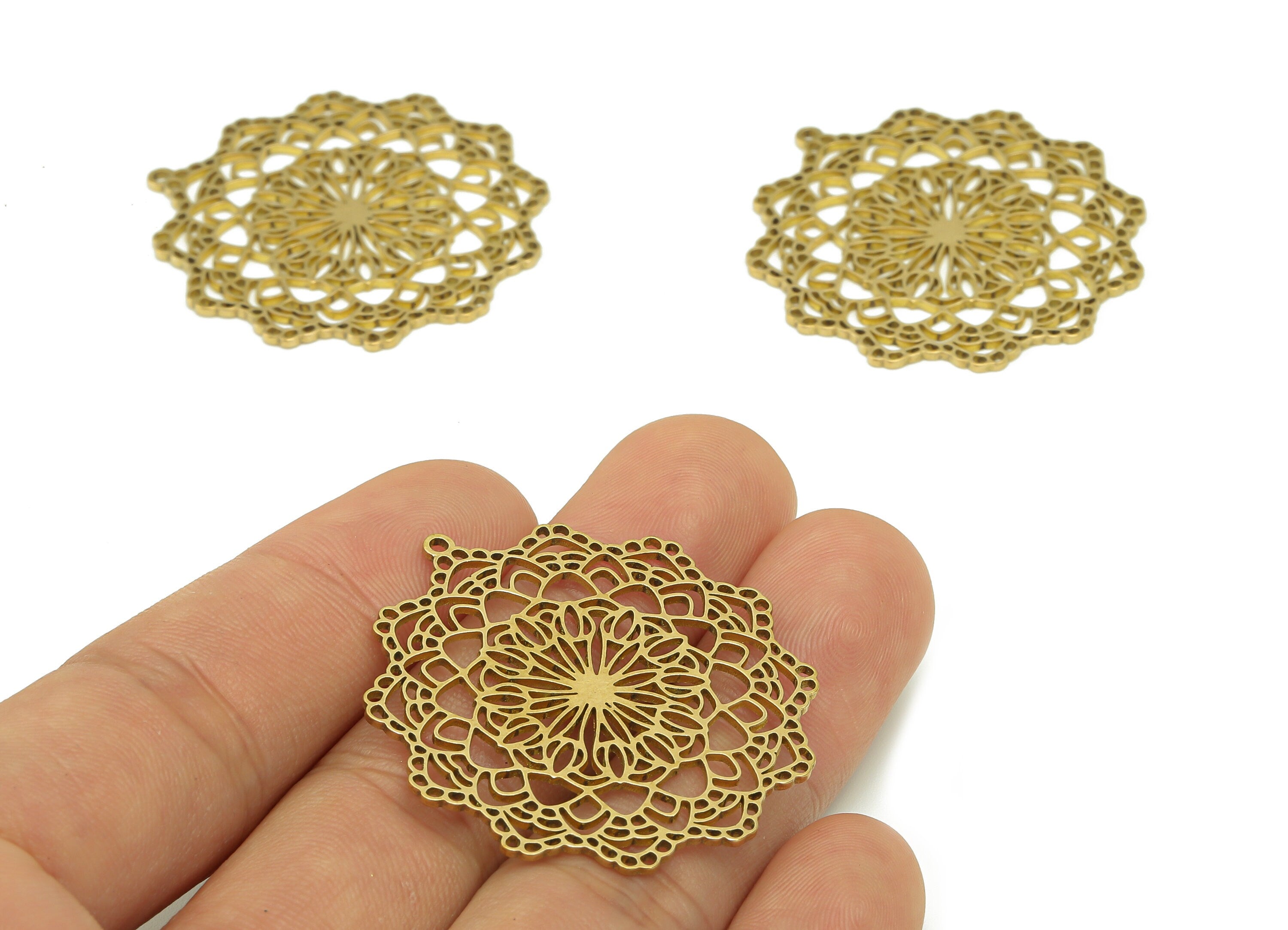 Brass Flower Earring Charms - Raw Brass Hollow Flower Earring - Flower Pendant With Loop - Botanical Charm For Necklace - 40x38x1mm -PPA6831 - DOMEDBAZAAR