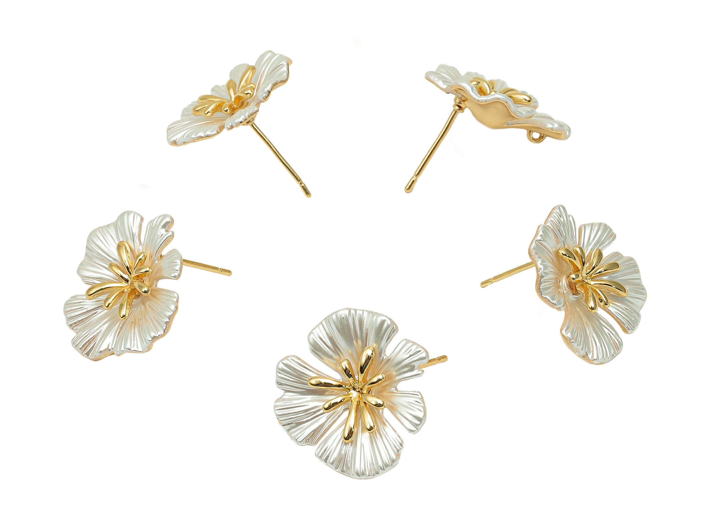 Brass Enamel Flower Earring Post - White Flower Stud Earring With Loop - 925 Silver Stud - 18K Real Gold Plating - 18.3x19.3x1.4mm - RGP5734 - DOMEDBAZAAR