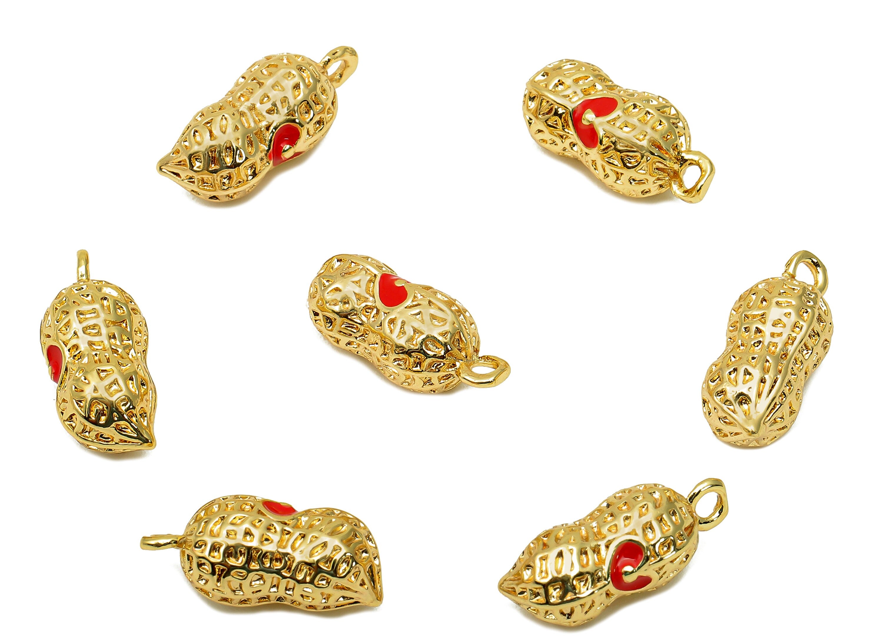 Brass Mini Peanut Earring Charm - Enamel Red Heart Textured Nut Earring - Pendant With Loop - 18K Real Gold Plating - 16.1x7x6.8mm - RGP5737 - DOMEDBAZAAR