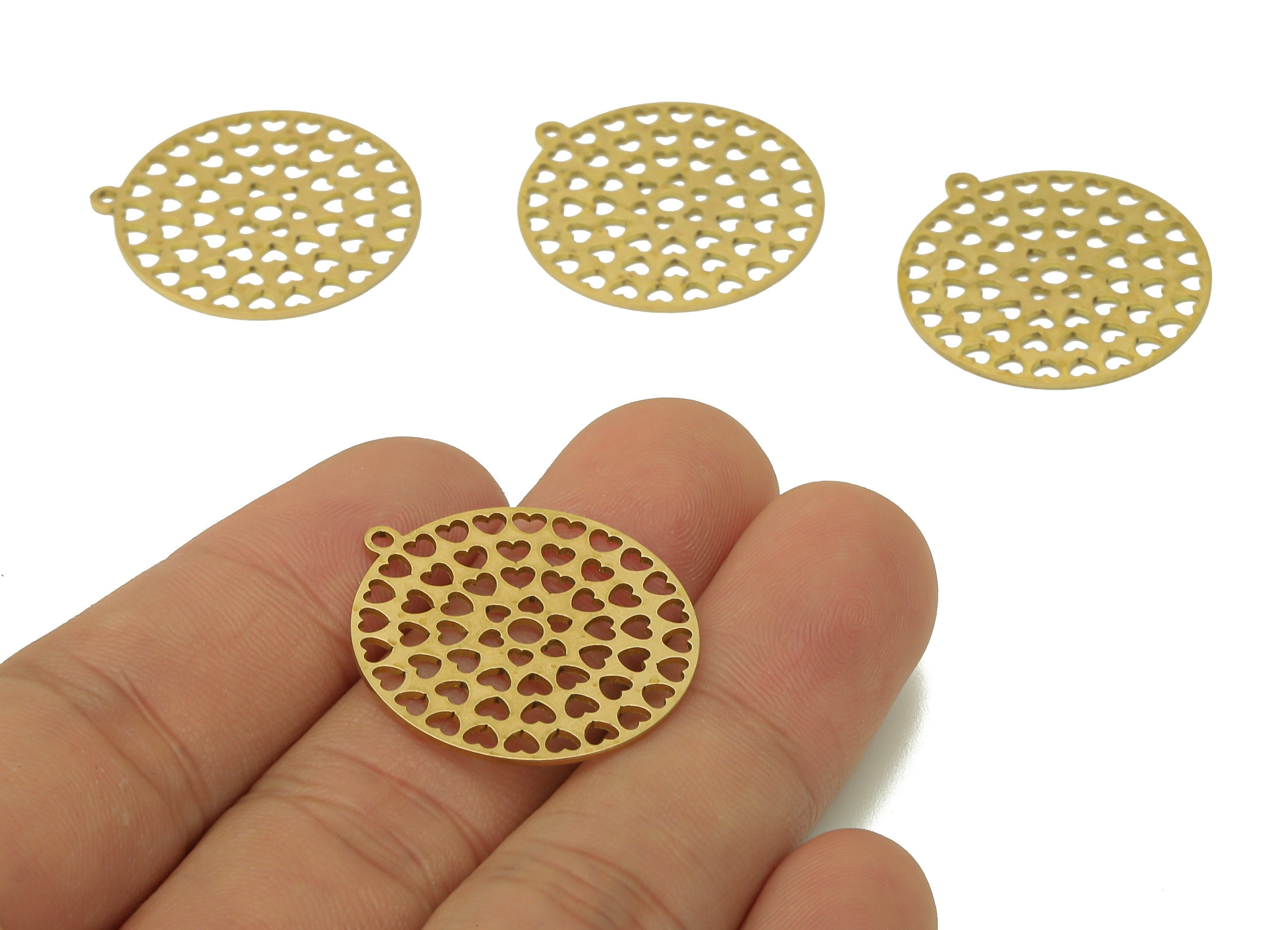 Brass Round Flower Earring Charm - Raw Brass Mini Heart Cutout Earring - Circle Pendant With Loop - For Necklace - 28x25.7x0.7mm - PPA6863 - DOMEDBAZAAR