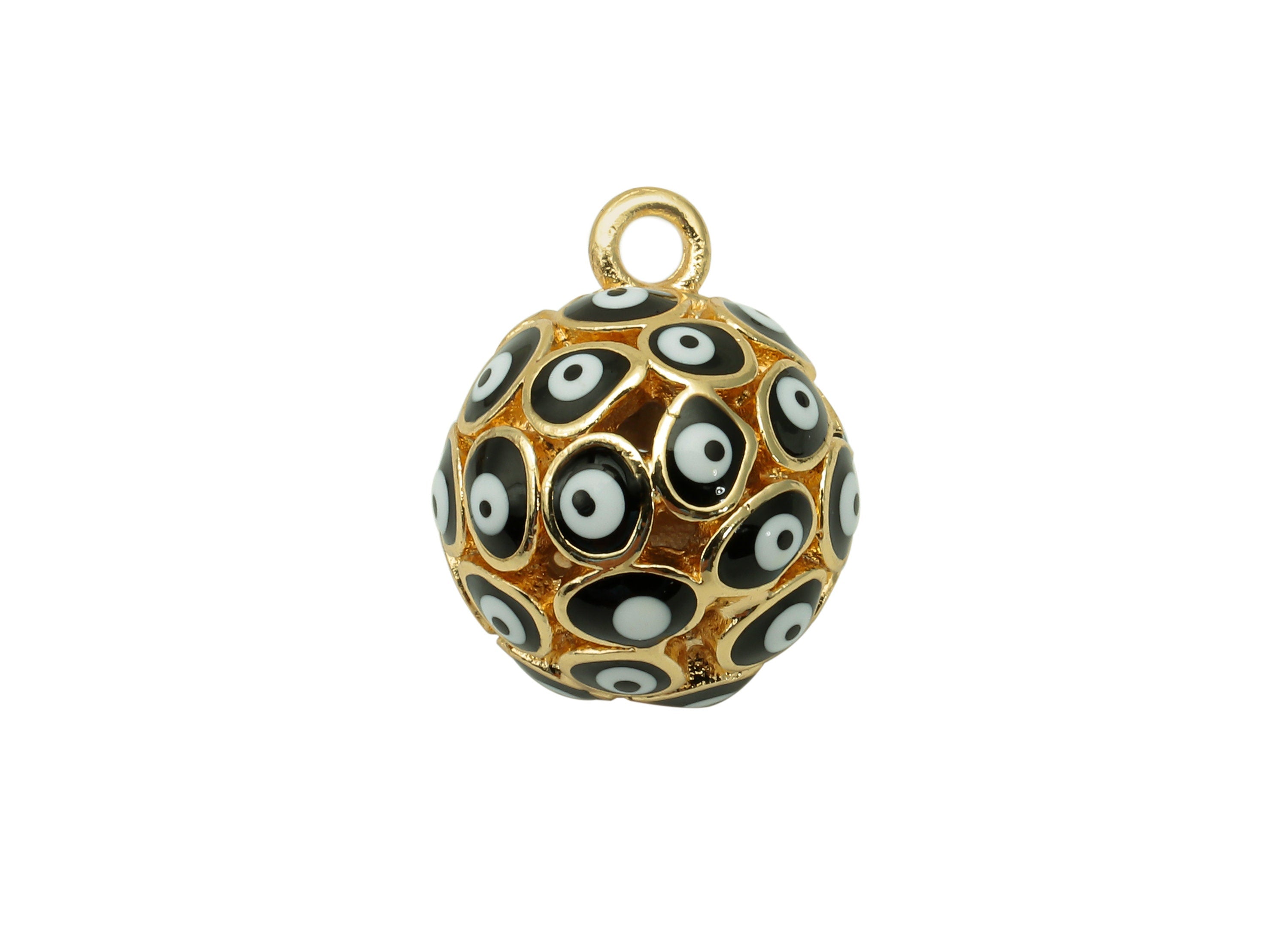 Brass Black Ball Eye Pendant - Enamel Hollow Ball Earring - Necklace Charm With Loop - 18K Real Gold Plating - 15.3x12.3x12.3mm - RGP5745A - DOMEDBAZAAR