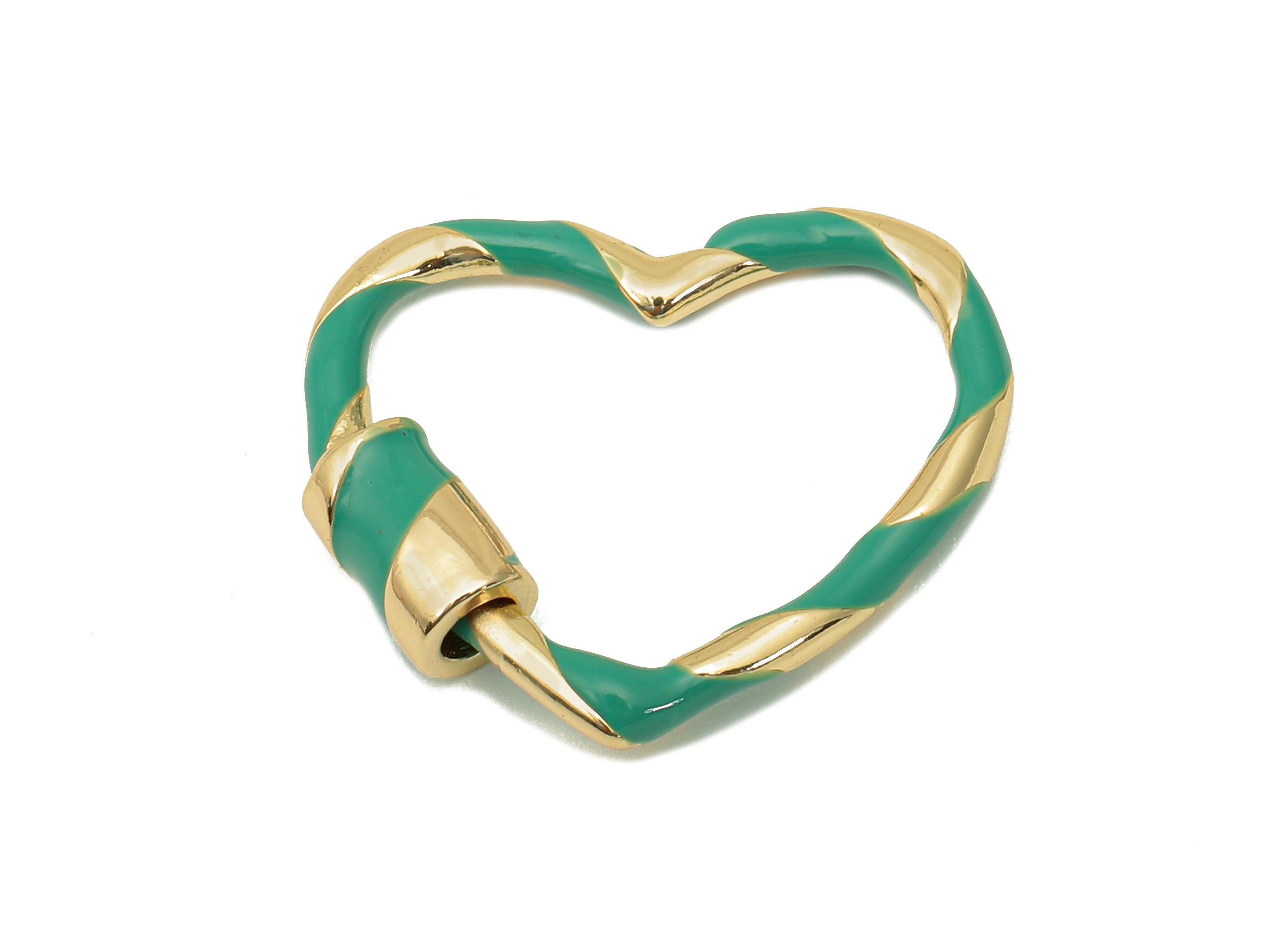 Brass Enamel Heart Screw Clasp - Green Twisted Turnbuckle Lock - Heart Buckle Carabiner - 18K Real Gold Plating - 21.9x25.4x2.3mm - RGP5748 - DOMEDBAZAAR