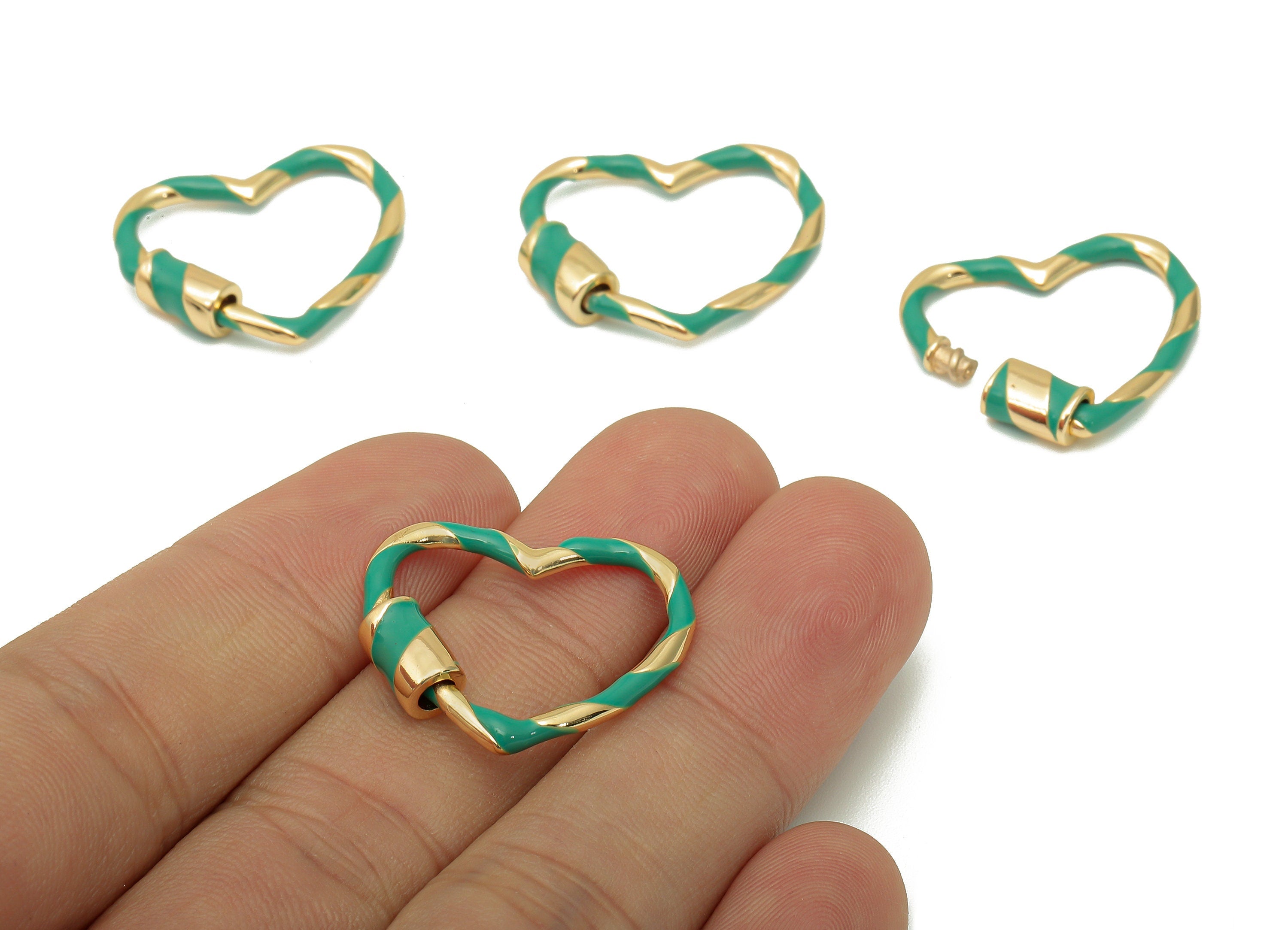 Brass Enamel Heart Screw Clasp - Green Twisted Turnbuckle Lock - Heart Buckle Carabiner - 18K Real Gold Plating - 21.9x25.4x2.3mm - RGP5748 - DOMEDBAZAAR