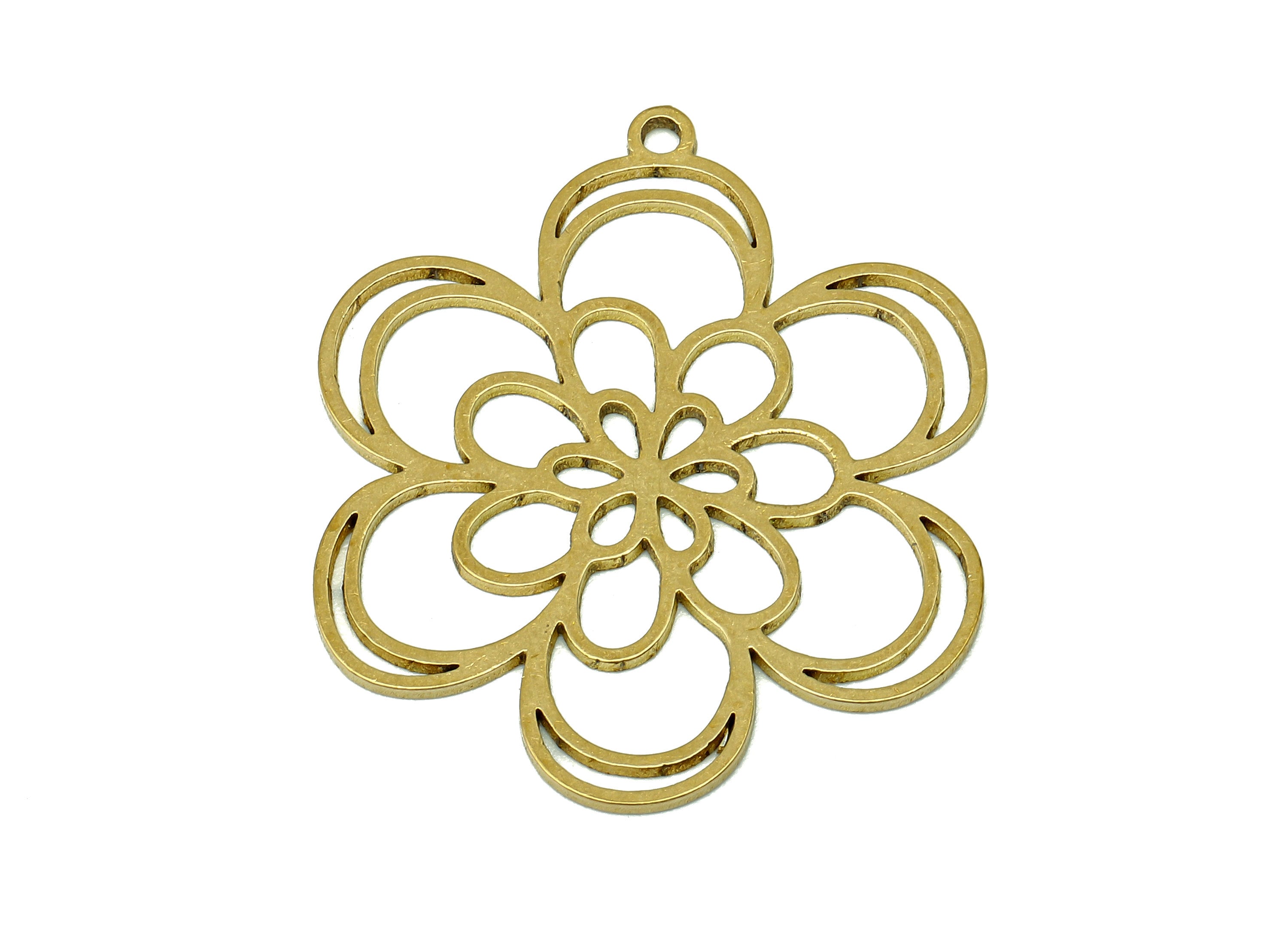 Brass Flower Earring Charms - Raw Brass Flower Earring - Flower Pendant With Loop - Botanical Charm For Necklace - 32.1x27.4x0.9mm - PPA6941 - DOMEDBAZAAR