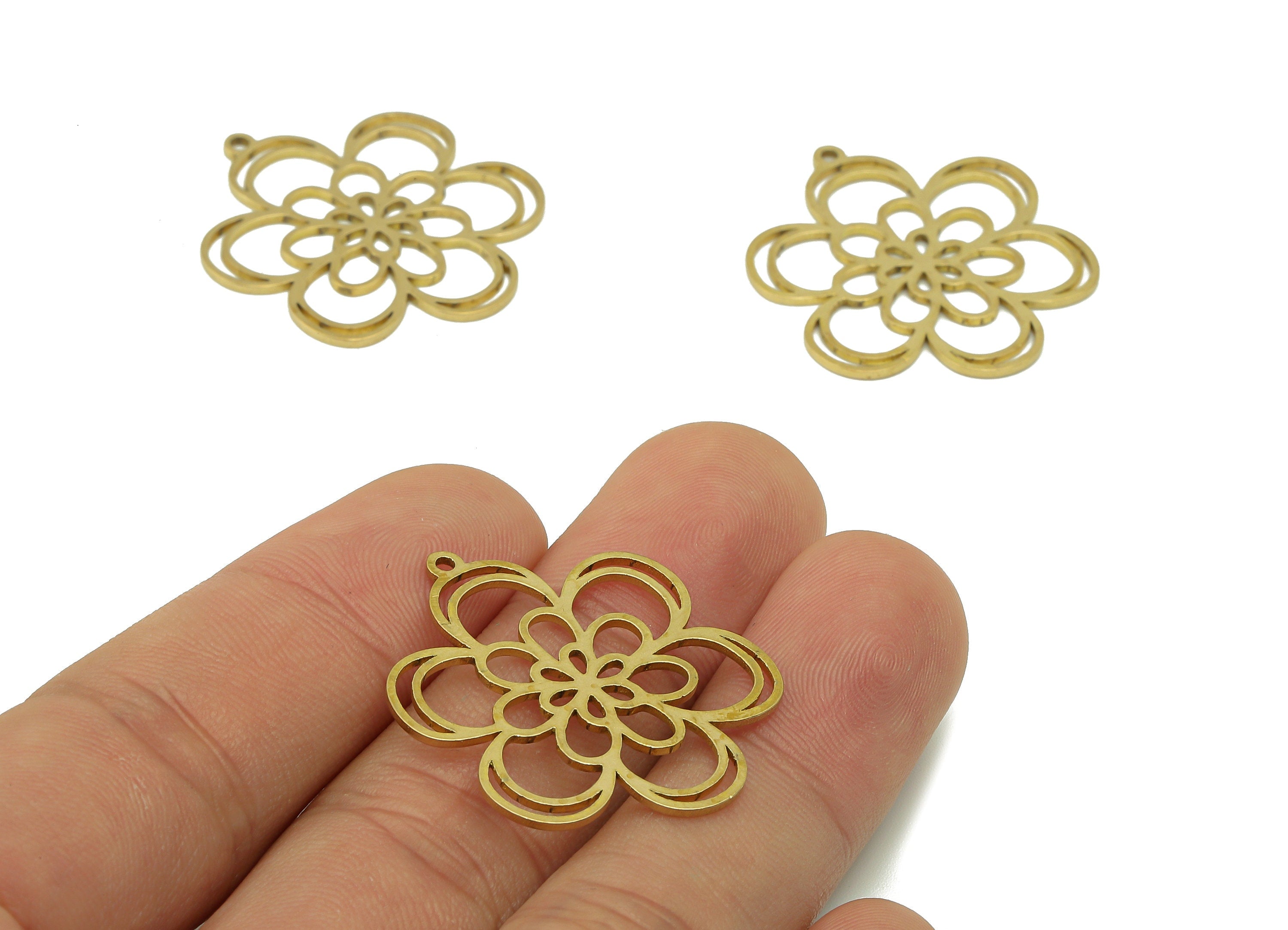 Brass Flower Earring Charms - Raw Brass Flower Earring - Flower Pendant With Loop - Botanical Charm For Necklace - 32.1x27.4x0.9mm - PPA6941 - DOMEDBAZAAR