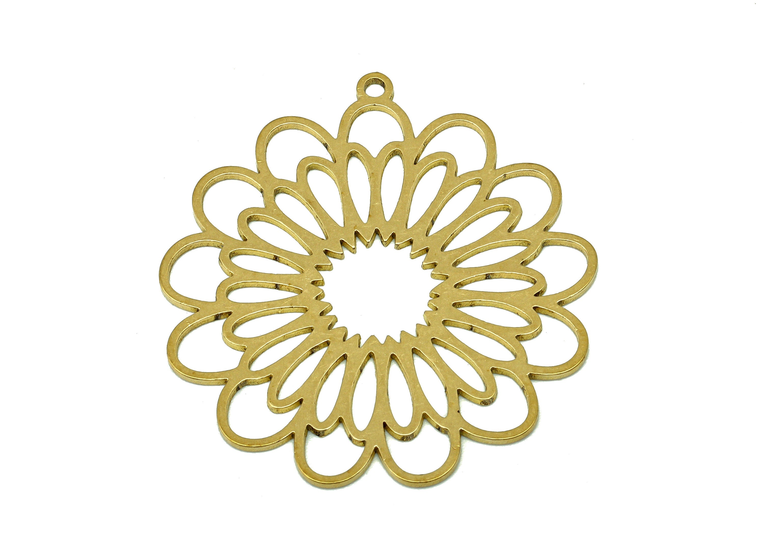 Brass Sunflower Earring Charms - Raw Brass Hollow Flower Earring - Botanical Pendant With Loop - For Necklace - 35x32.7x0.8mm - PPA6948 - DOMEDBAZAAR