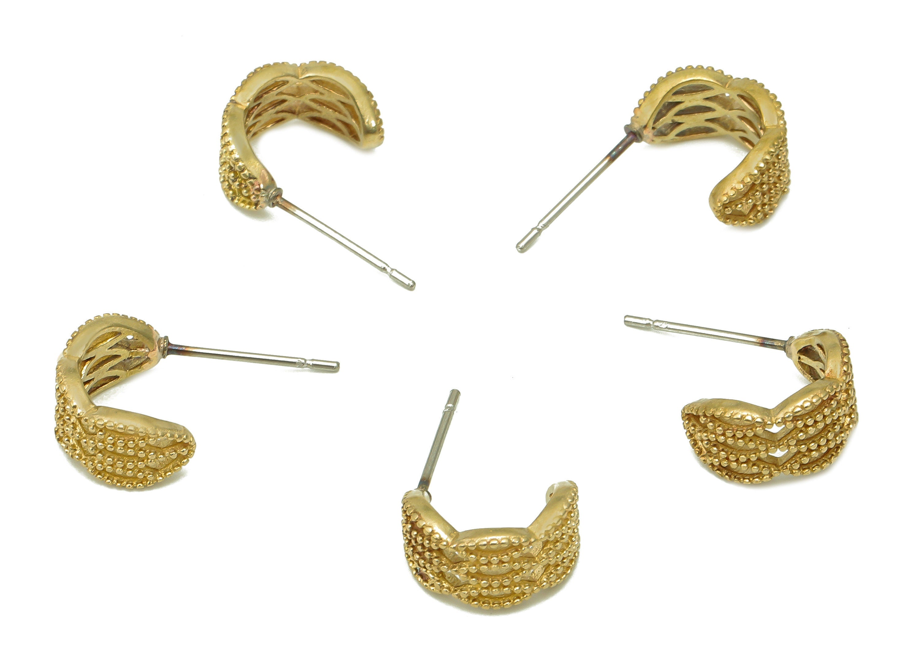 Brass Dots Hoop Stud Earring  - Raw Brass Huggie C Earring Post - Open Textured Earring - 316 Stainless Steel - 11.7x8.6x1.8mm - PP8100 - DOMEDBAZAAR