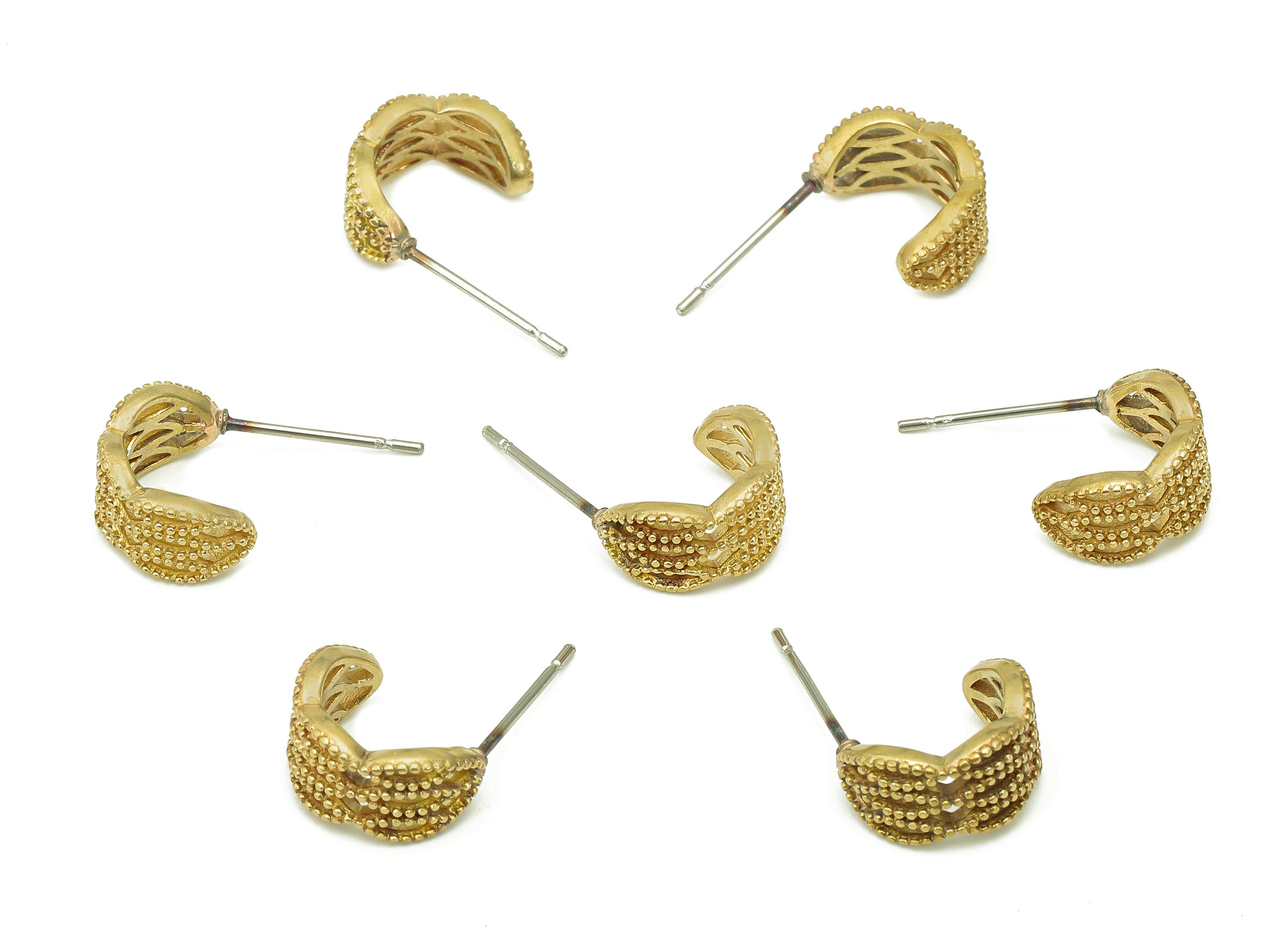 Brass Dots Hoop Stud Earring  - Raw Brass Huggie C Earring Post - Open Textured Earring - 316 Stainless Steel - 11.7x8.6x1.8mm - PP8100 - DOMEDBAZAAR