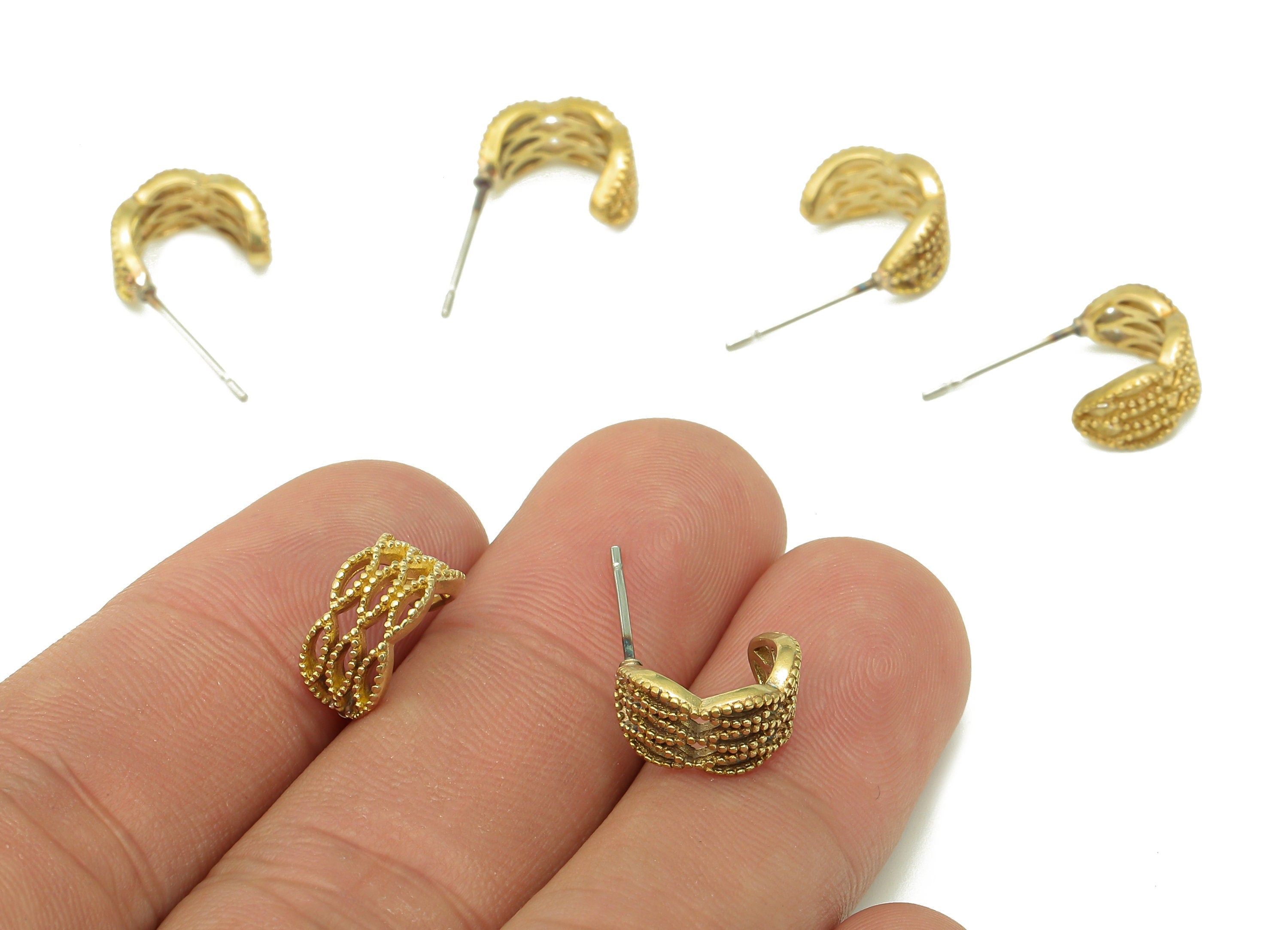 Brass Dots Hoop Stud Earring  - Raw Brass Huggie C Earring Post - Open Textured Earring - 316 Stainless Steel - 11.7x8.6x1.8mm - PP8100 - DOMEDBAZAAR