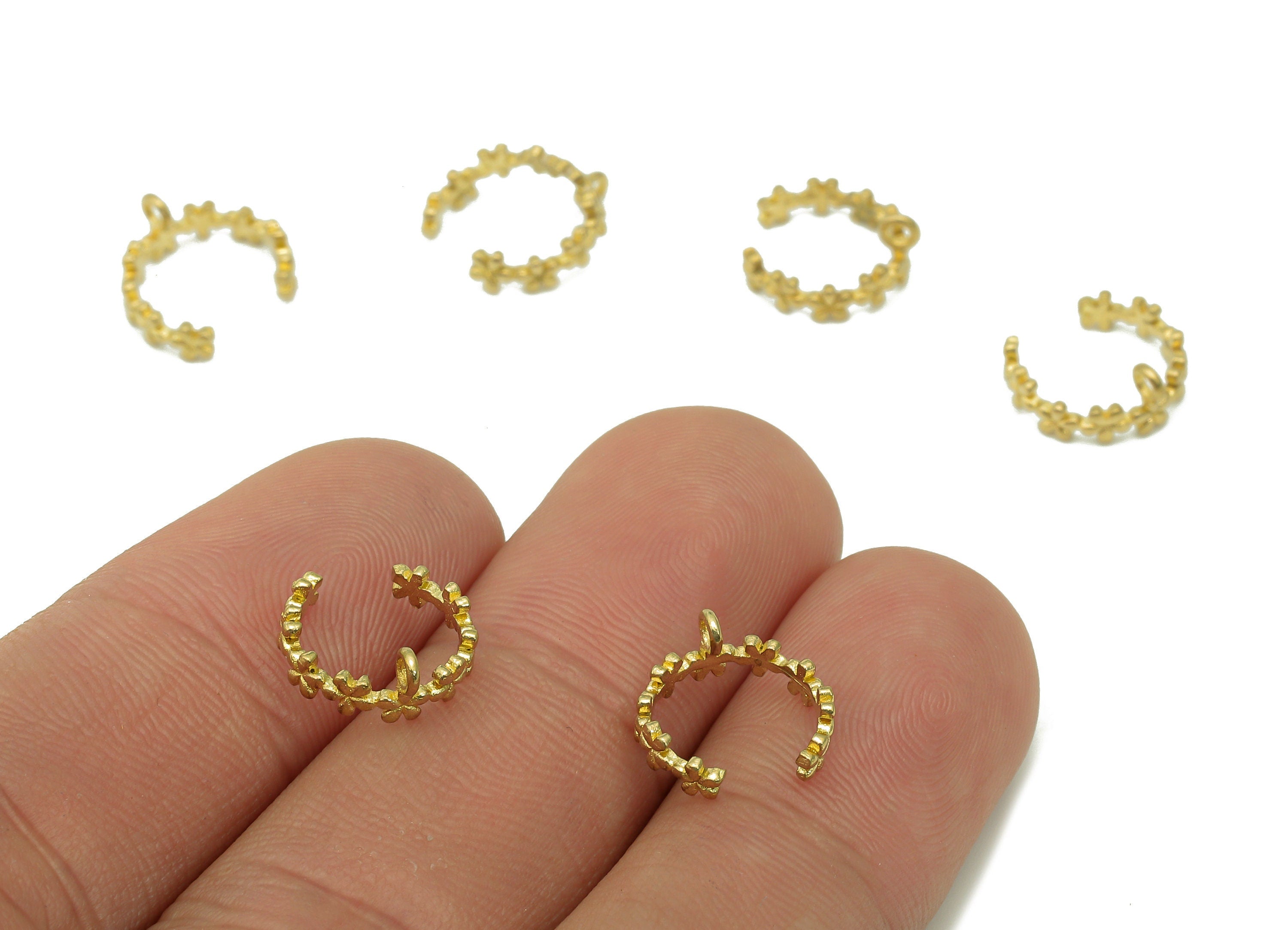 Brass Flower Open Round C Ring - Raw Brass Cuff Earring With Loop - Pattern Ear Clip - Circle Earring Cuff - 11.14x10.37x0.89mm - PP8106 - DOMEDBAZAAR