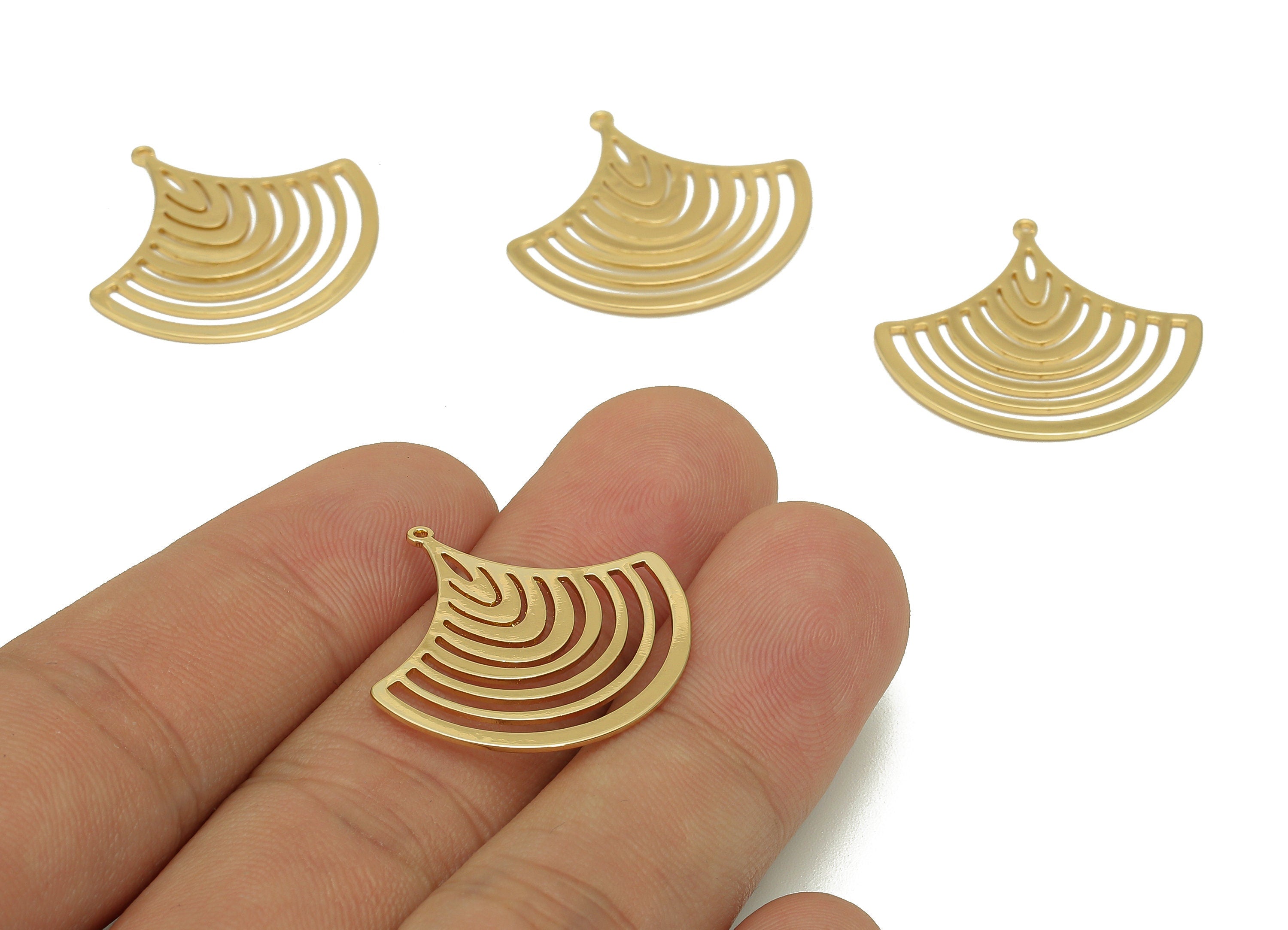 Brass Ginkgo Earring Charm - Sector Hollow Pendant With Loop - Fan Charm For Necklace - 18K Real Gold Plating - 25.2x26.6x0.6mm - RGP5757G - DOMEDBAZAAR