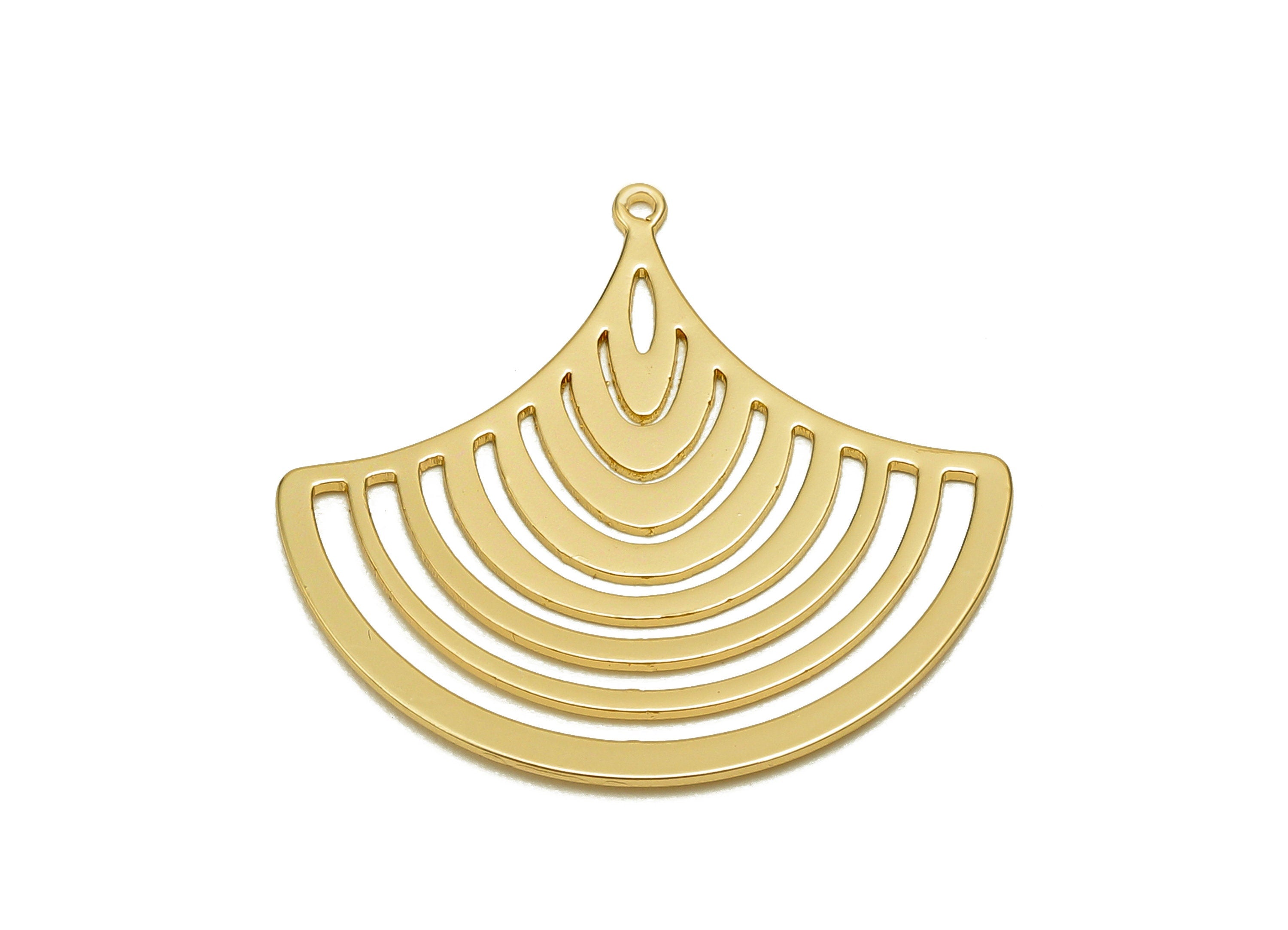 Brass Ginkgo Earring Charm - Sector Hollow Pendant With Loop - Fan Charm For Necklace - 18K Real Gold Plating - 25.2x26.6x0.6mm - RGP5757G - DOMEDBAZAAR