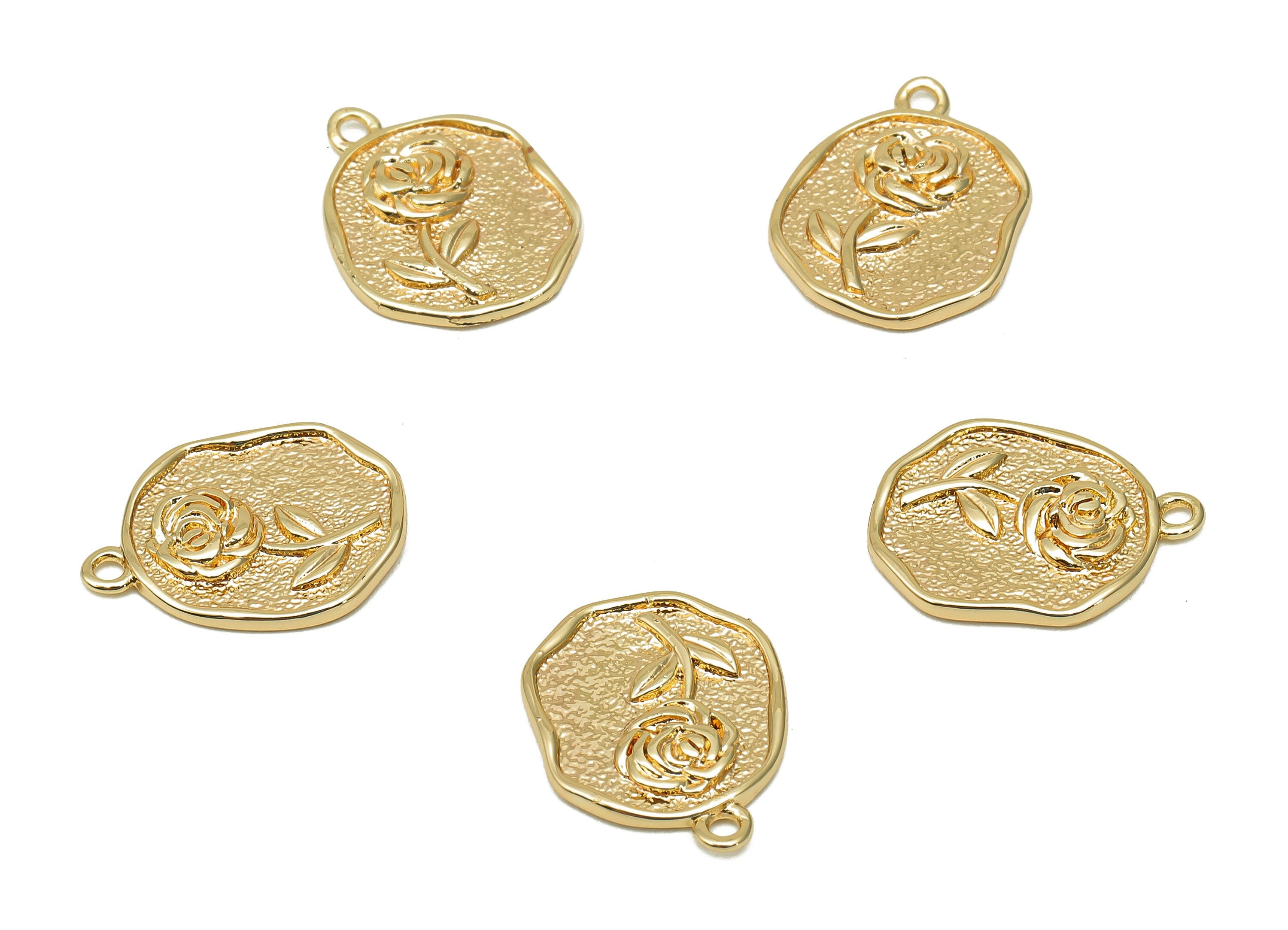 Brass Rose Oval Earring Charm - Gold Textured Flower Oval Earring - Pendant With Loop - 18K Real Gold Plating - 16.5x12.5x1.7mm -RGP5692 - DOMEDBAZAAR