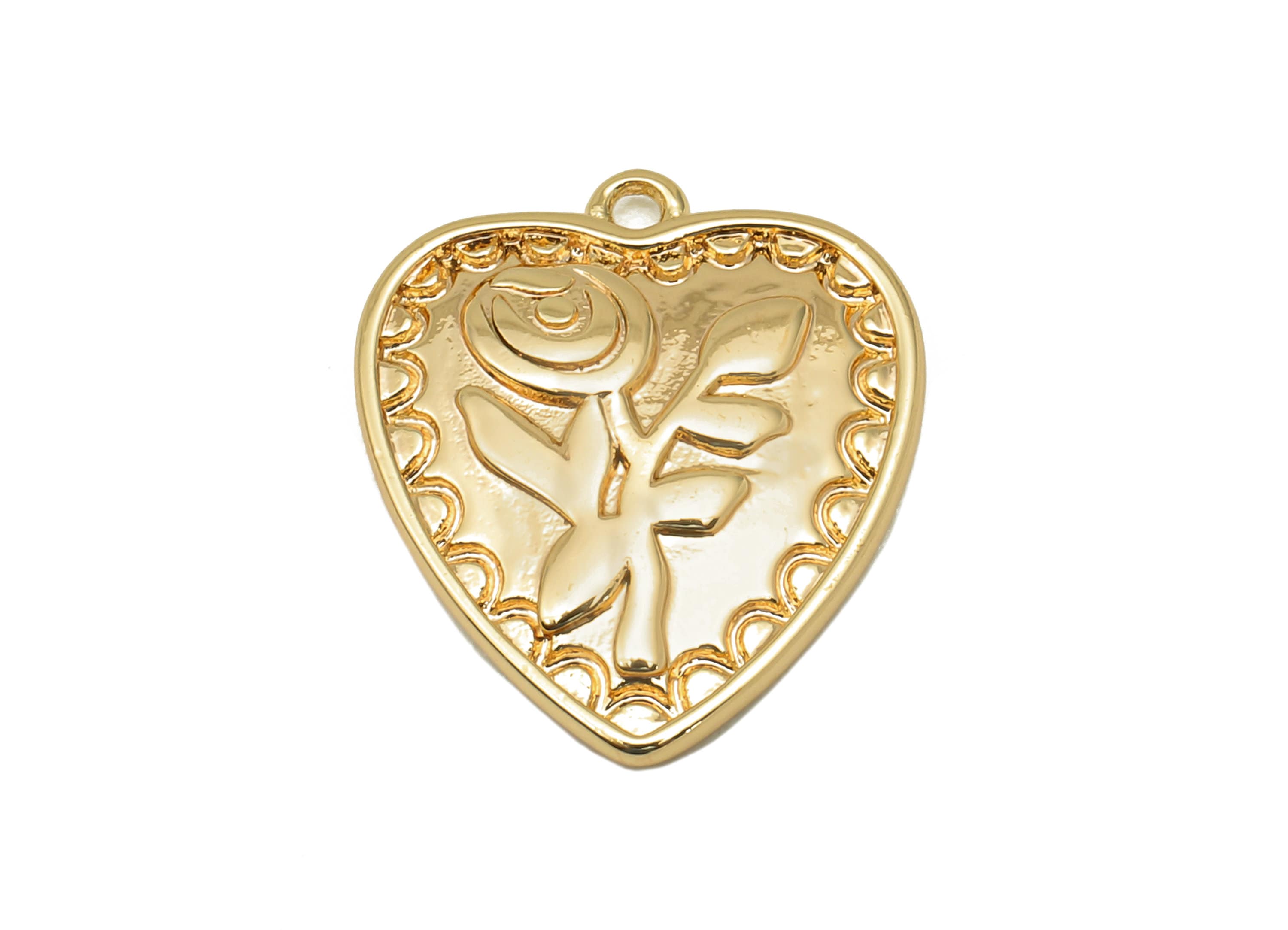 Brass Rose Heart Earring Charm - Gold Thick Flower Heart Earring - Heart Pendant With Loop - 18K Real Gold Plating - 18x15.5x2.7mm - RGP5694 - DOMEDBAZAAR