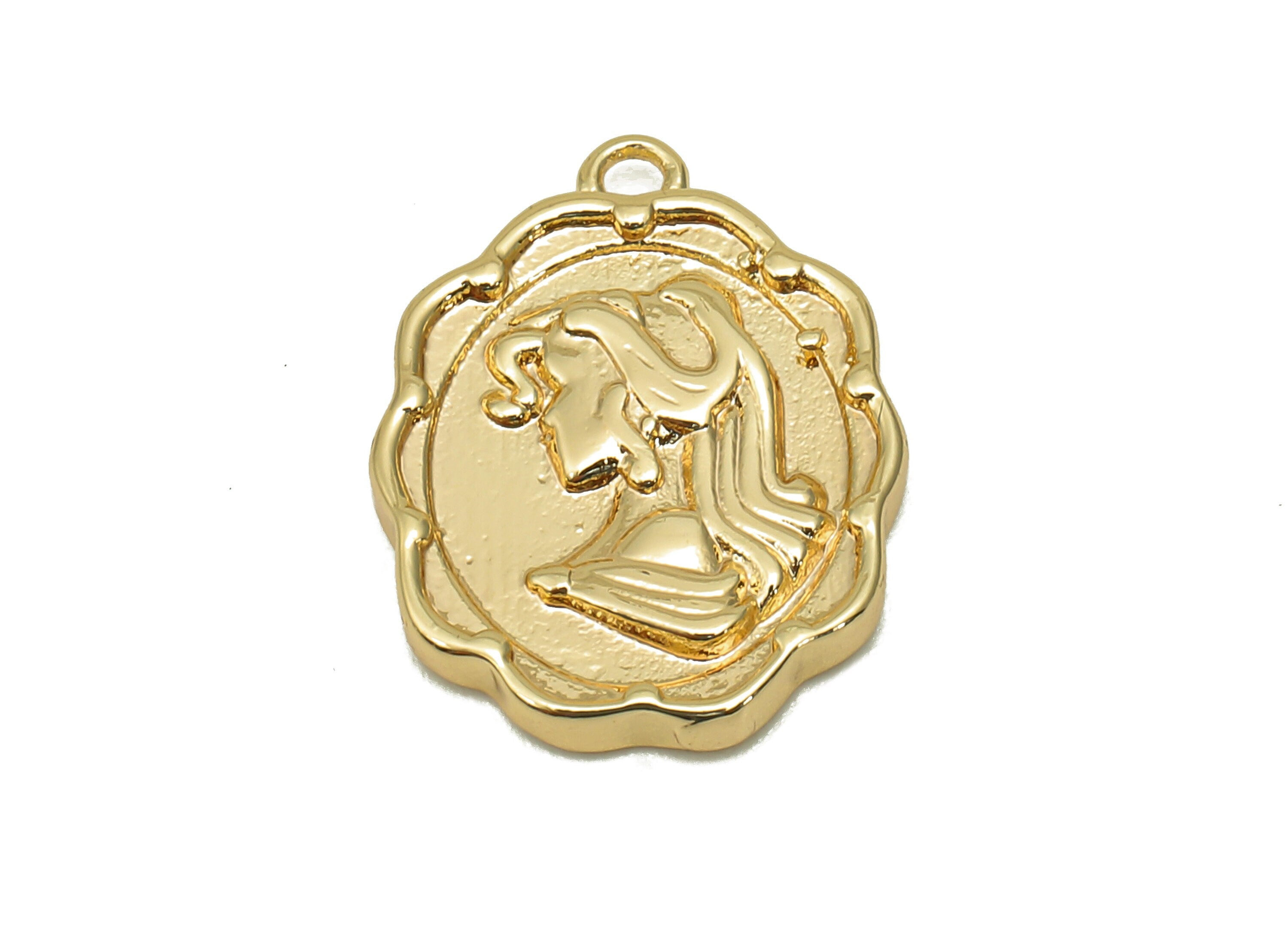 Brass Relief Portrait Oval Earring - Gold Girl Textured Flower Charm - Pendant With Loop - 18K Real Gold Plating - 17.8x14x2.2mm - RGP5702 - DOMEDBAZAAR