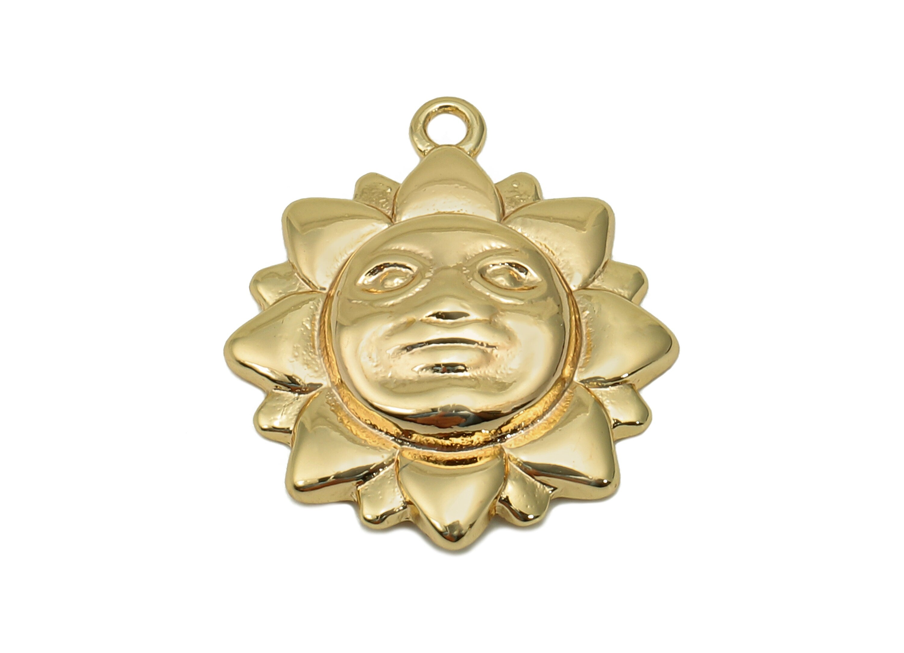 Brass Sun Face Earring Charm - Gold Moon Face Earring - Sun Pendant With Loop - 18K Real Gold Plating - 18.2x15.8x1.4mm - RGP5706 - DOMEDBAZAAR